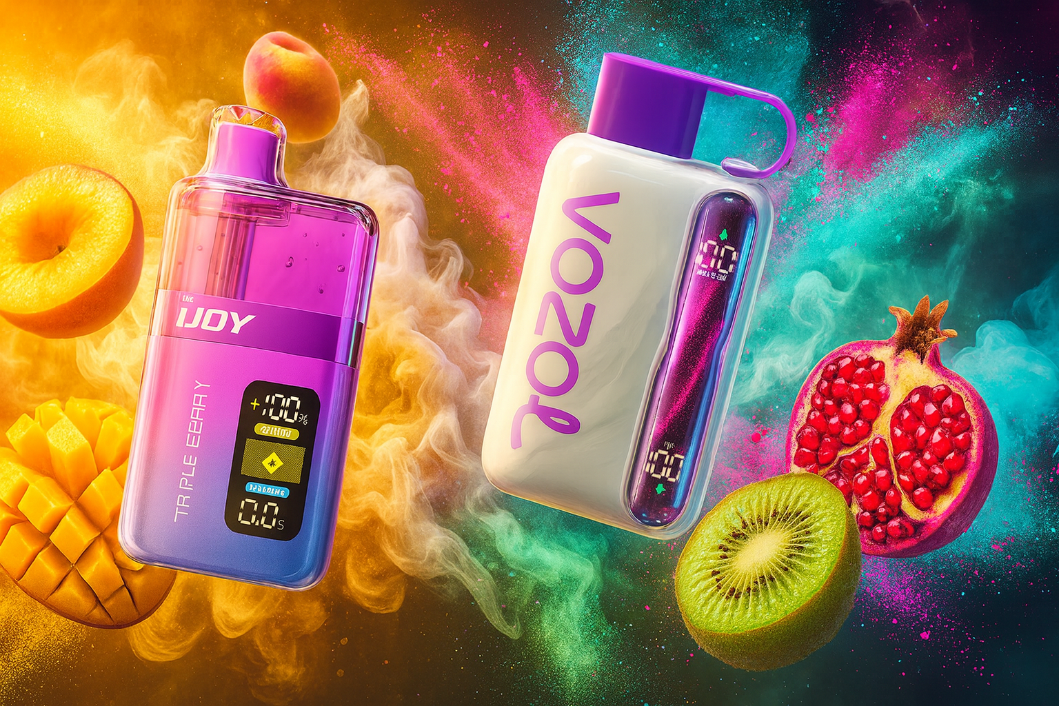 The image presents two vibrant vape devices surrounded by a burst of colorful fruit and vapor effects. On the left, the purple and pink 