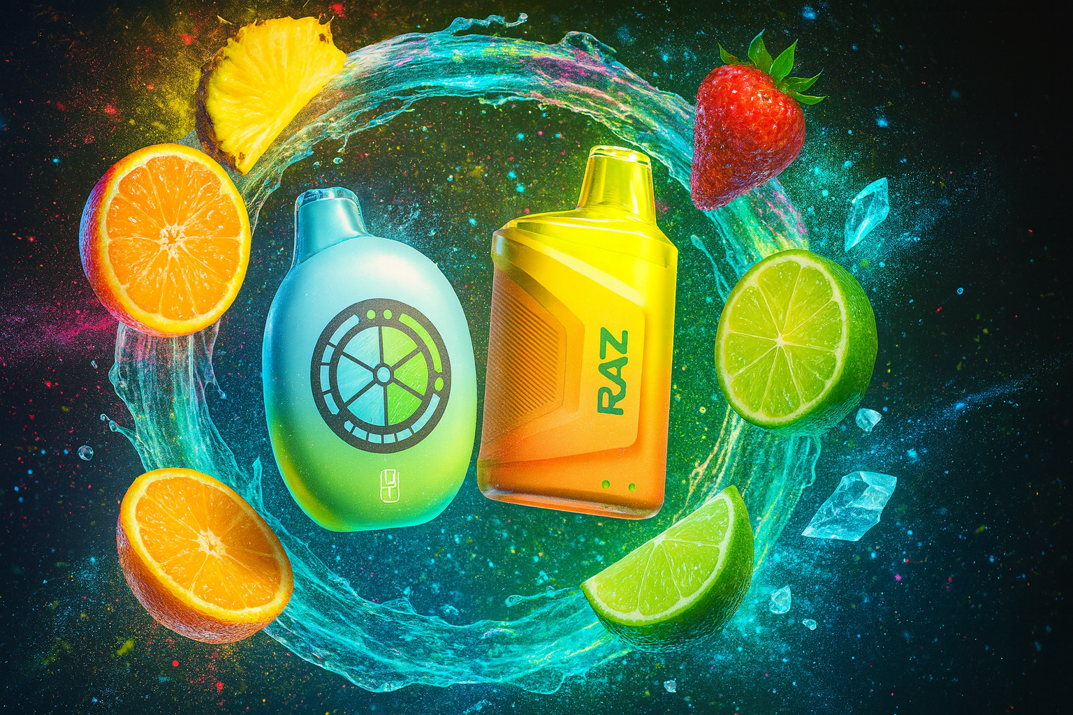 The image showcases two colorful vape devices set against a vibrant, cosmic-themed background. The left device features a light blue body with a circular interface design, evoking a futuristic feel, while the right device is a bold yellow-orange with the brand name 