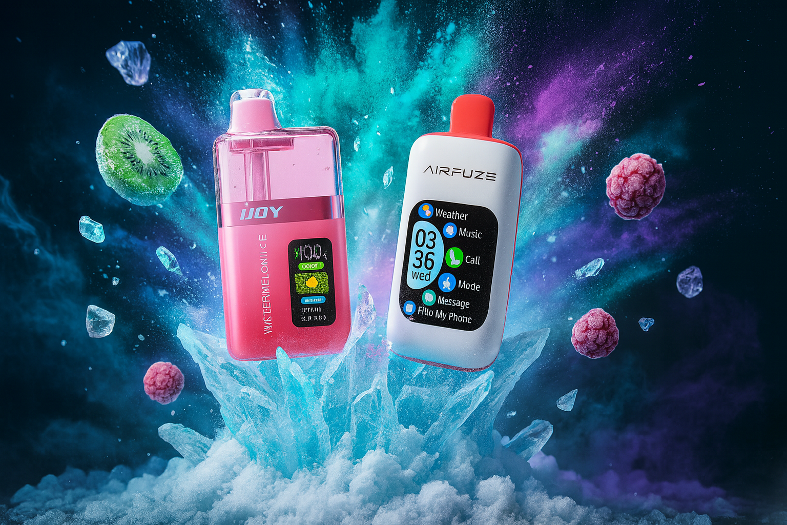 The image showcases two modern vape devices set against a vibrant, high-energy backdrop of exploding ice shards, kiwi slices, and raspberries. On the left, a pink 