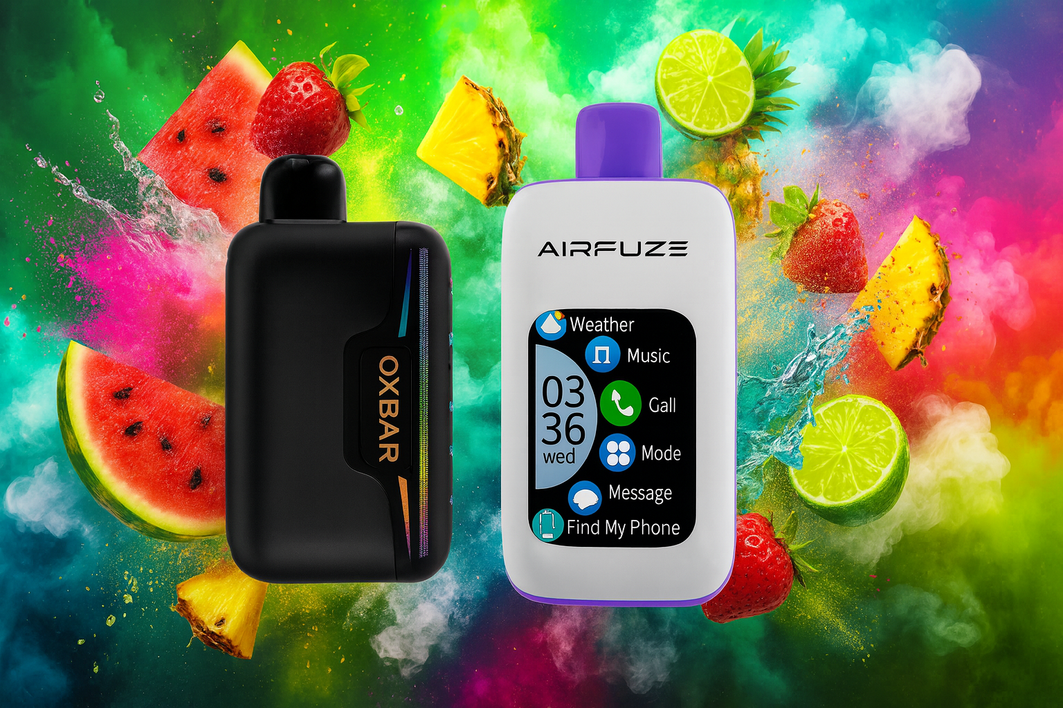The image features two vape devices standing on a reflective surface against a vibrant, neon-colored background filled with splashes of fruit and liquid. The left device, labeled 