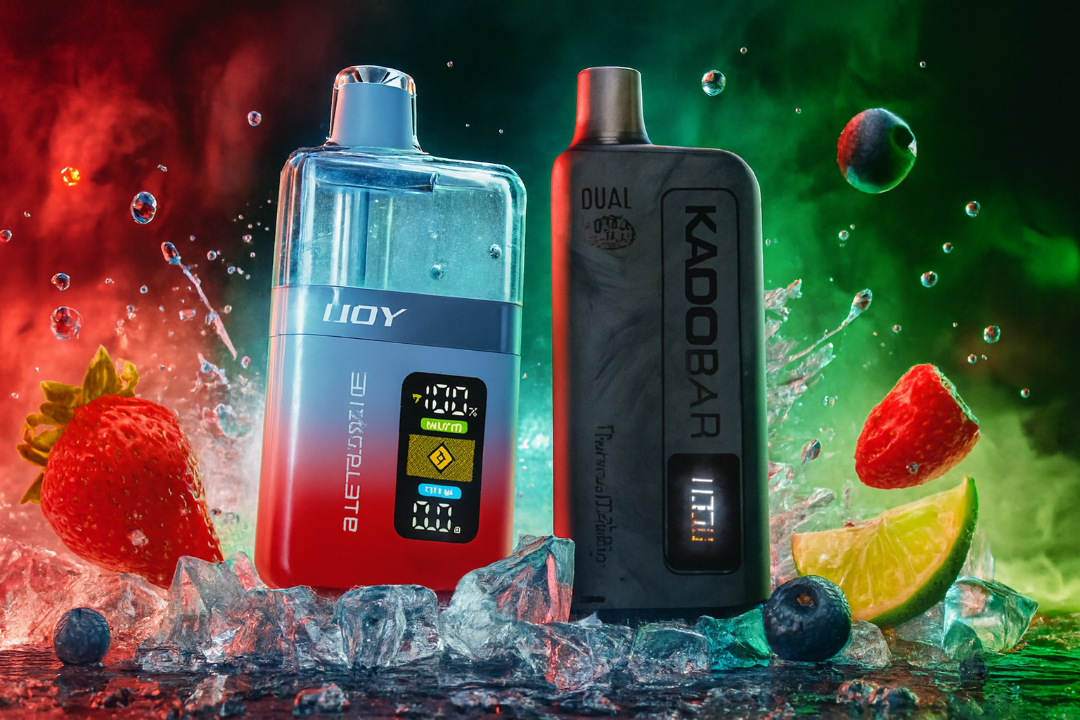 The image showcases two vape devices placed on a bed of ice cubes, surrounded by vibrant fruits including strawberries, blueberries, and lime slices. The left device, labeled 