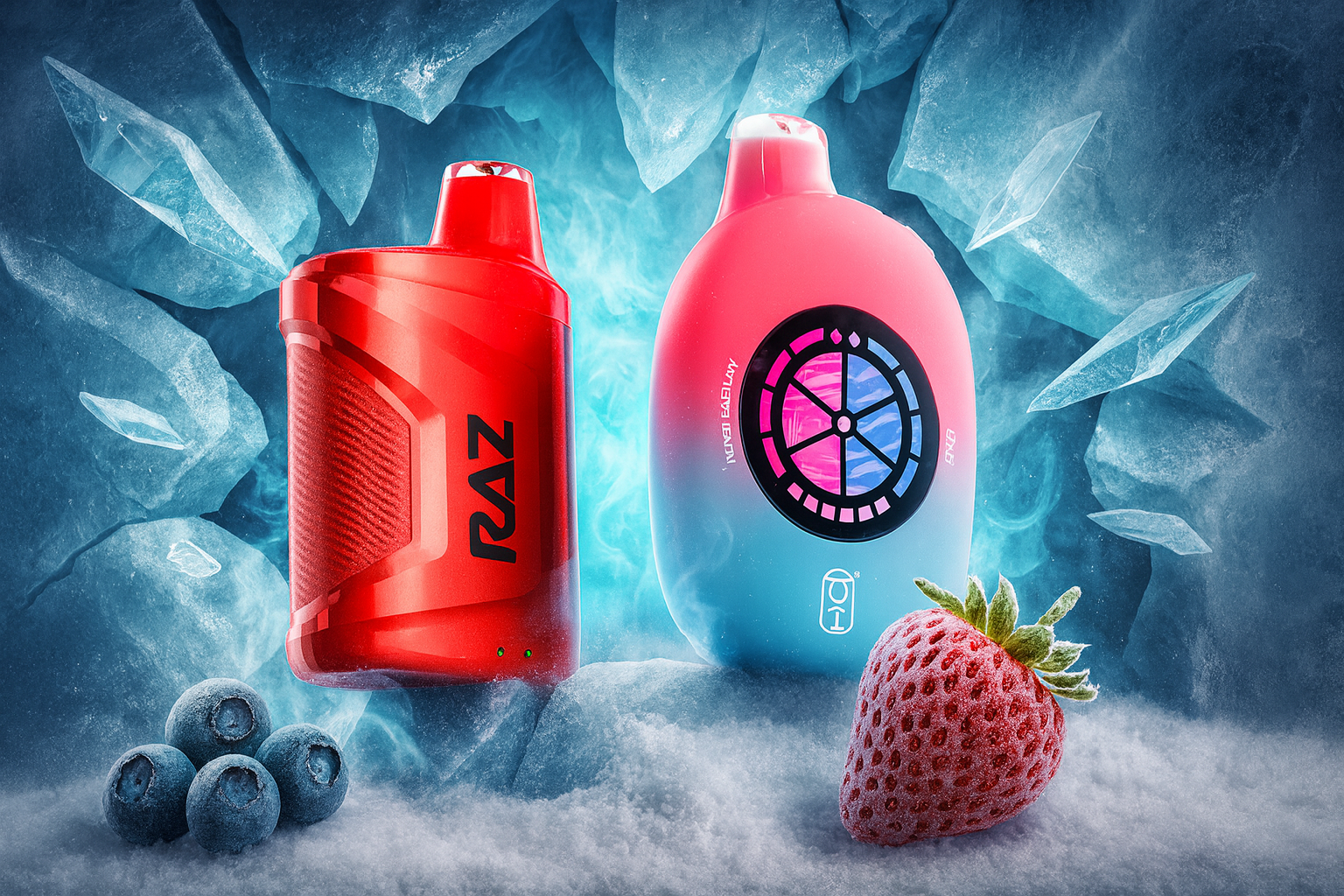 The image features two colorful vape devices set against a dramatic icy backdrop with glowing blue light and shards of ice. The left device is red and labeled 