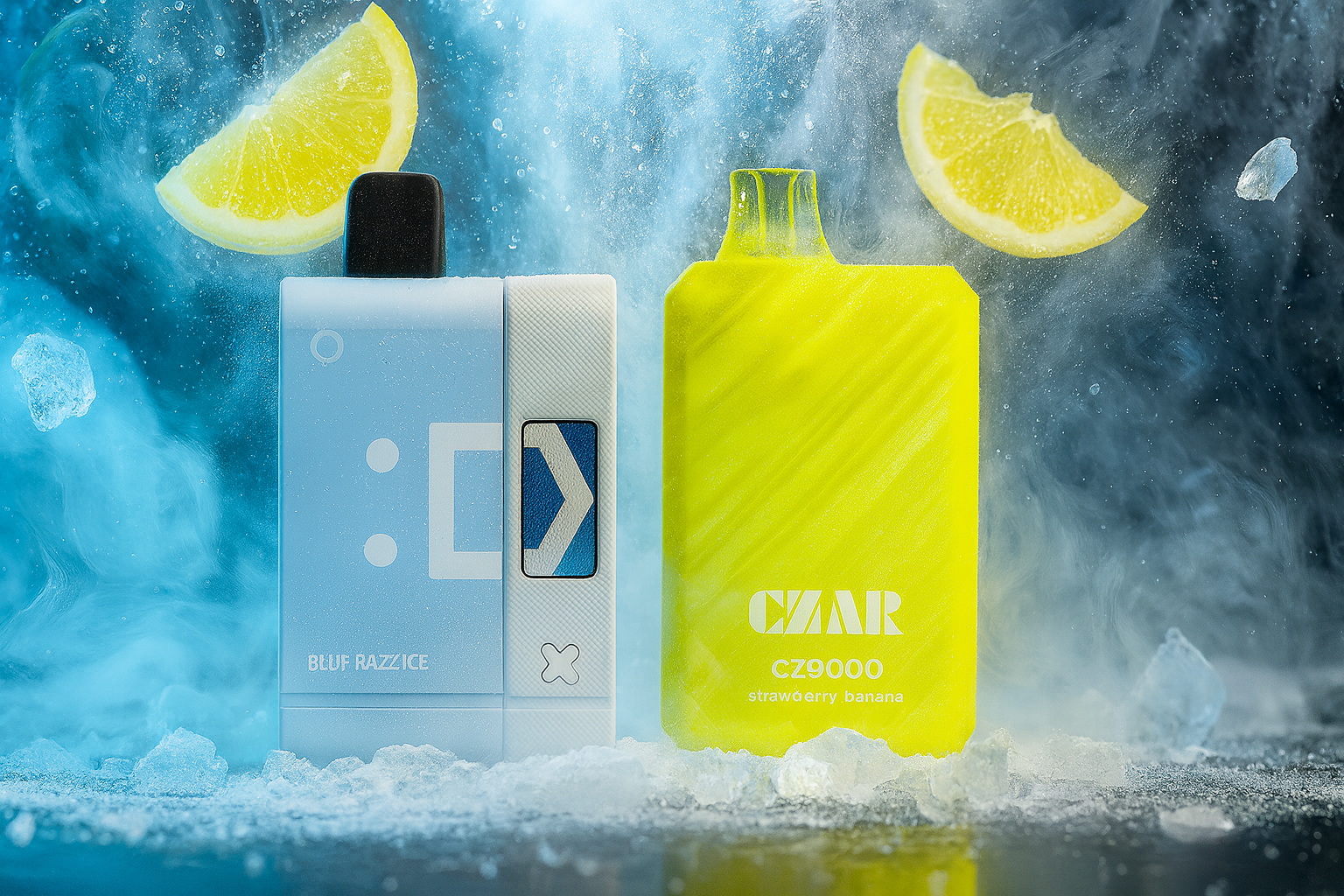 The image features two bold vape devices set against a dramatic icy backdrop filled with floating ice cubes, mist, and suspended lemon wedges. On the left, a sleek light blue and white device labeled 