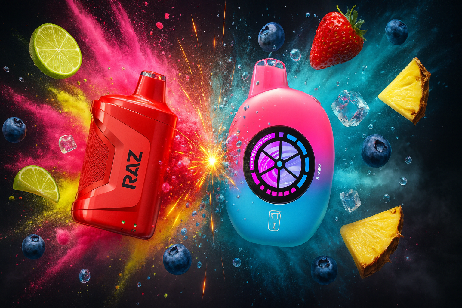 Two vibrant vape devices are set against a dramatic burst of red and blue light, surrounded by a lively mix of fruits and ice cubes. On the left, a red 