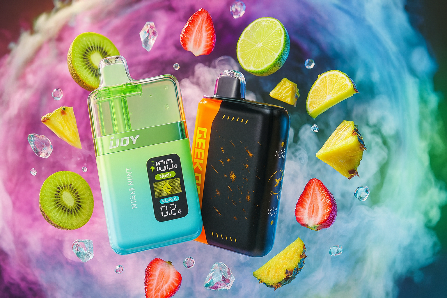 The image features two vibrant vape devices set against a swirling, multicolored smoky backdrop, surrounded by dynamic splashes of fruit and floating ice crystals. On the left, the green-and-blue 