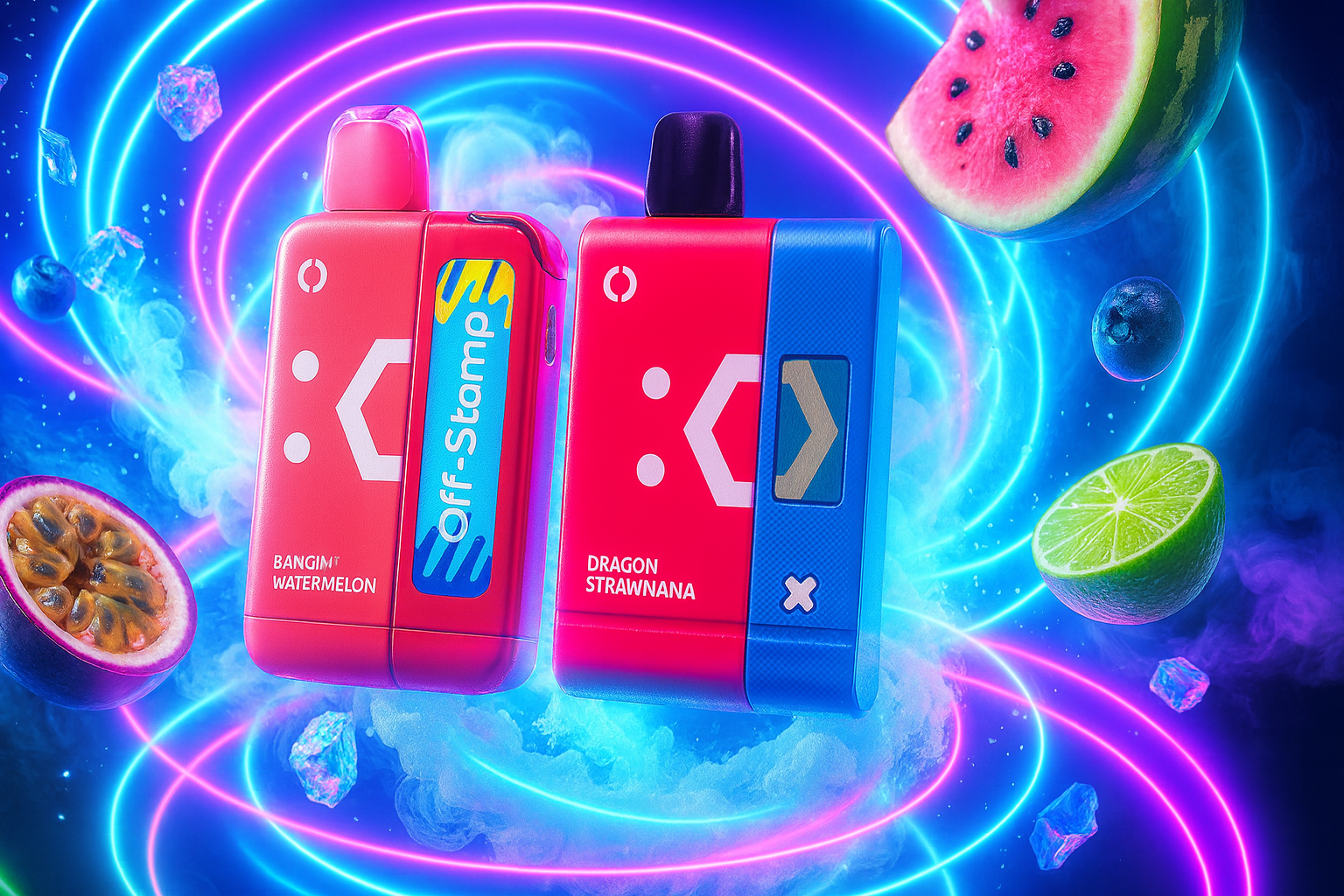 The image showcases two vibrant vape devices floating in a cosmic swirl of neon light rings and colorful fruit elements. The left device, labeled 