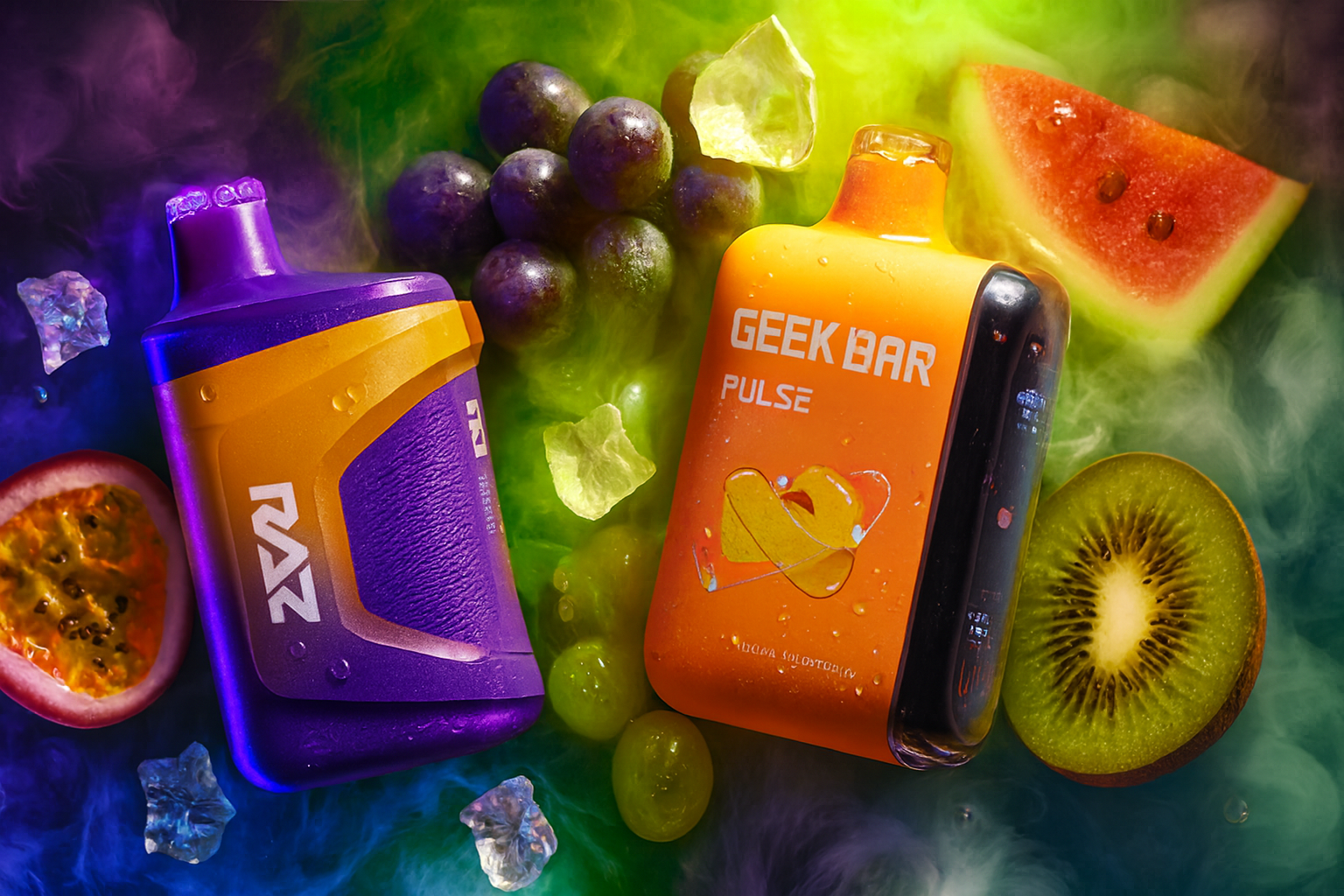 Two colorful vape devices are displayed among fresh fruits and ice cubes, set against a smoky, vibrant backdrop that enhances their visual appeal. The left device, in purple and orange, is branded 
