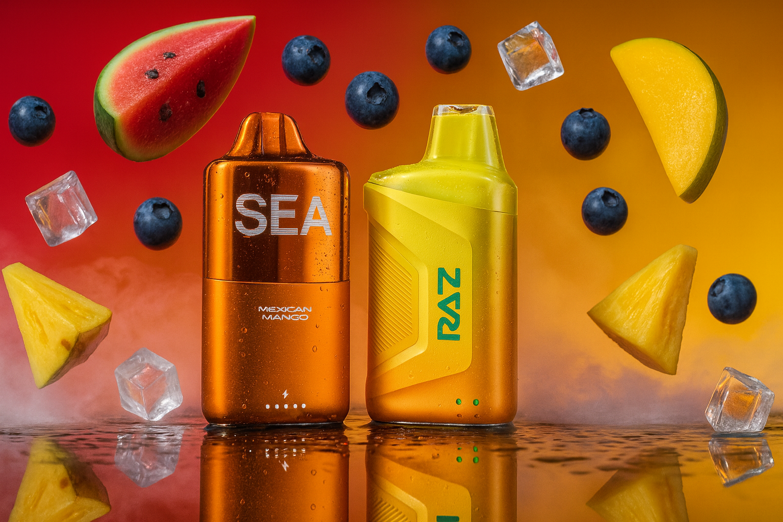 The image displays two brightly colored vape devices standing side by side on a misty surface, set against a vivid gradient background shifting from red to orange. The left device is metallic orange and labeled 