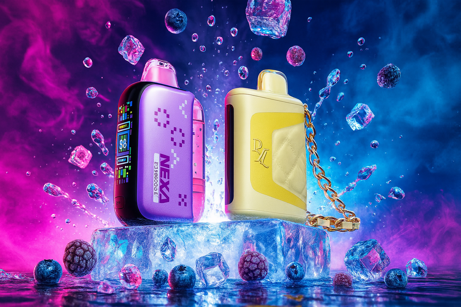 Two stylish vape devices are showcased atop a block of ice, surrounded by floating ice cubes and scattered berries, all set against a vivid blue-to-pink gradient background. The left device is purple with pixel-style graphics and a digital screen reading 