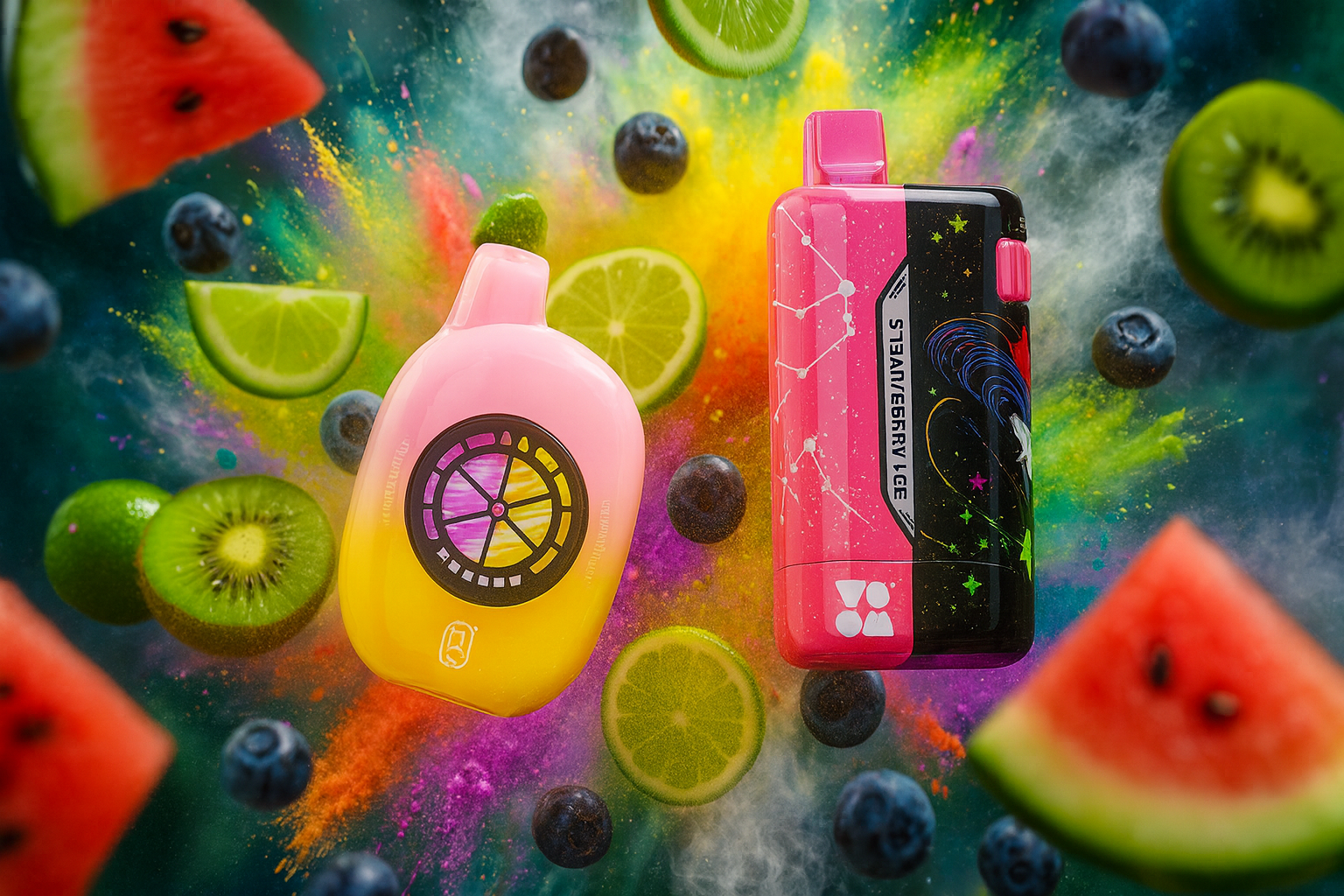 The image displays two vibrant vape devices surrounded by a dynamic burst of fruits and color. The left device features a playful pink and yellow design with a circular fruit-slice motif, while the right device is sleek in pink and black, labeled 