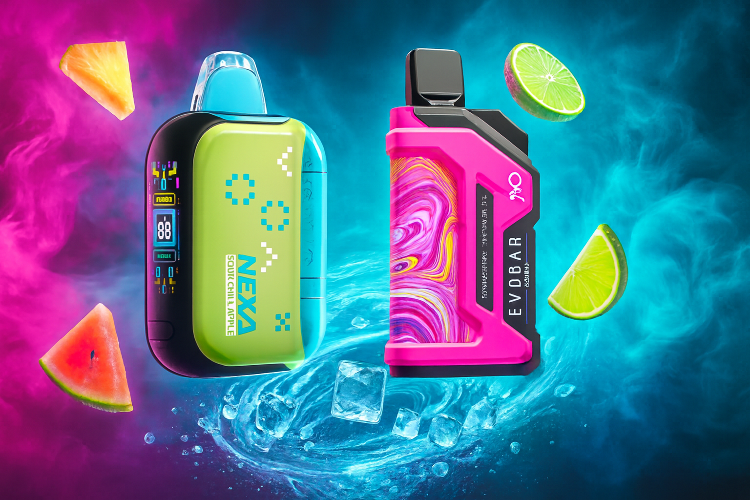 The image showcases two vibrant vape devices set against a swirling backdrop of pink and blue smoke, accented by floating fruit slices and ice cubes. On the left, the 