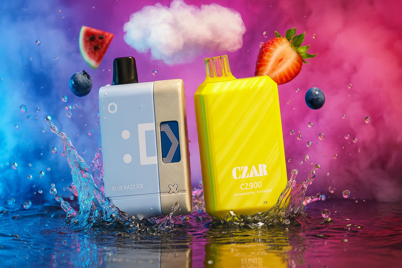 The image features two vibrant vape devices standing upright in a splash of water, surrounded by fruit elements and vapor. The left device is light blue and labeled 