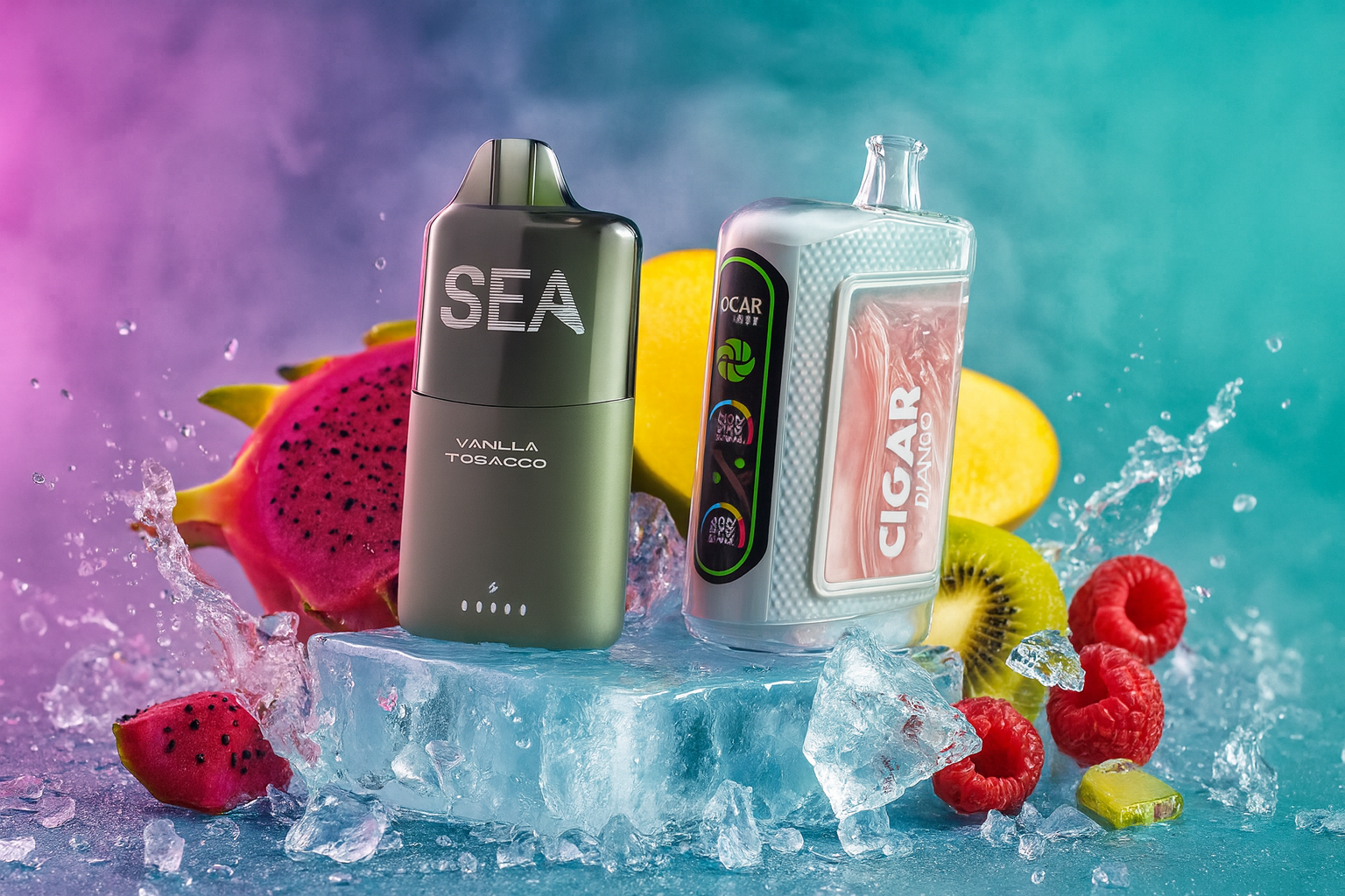 The image presents two vape devices placed atop a block of ice, surrounded by vibrant fruits and splashing water against a colorful backdrop of purple, blue, and teal hues. The left device is labeled 
