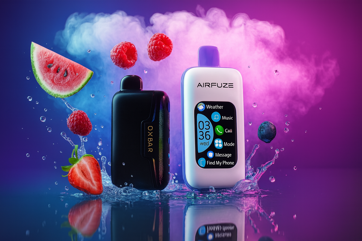 The image features two vape devices surrounded by splashing water, vibrant fruits, and a dynamic purple-blue background filled with vapor clouds. The left device is sleek black and labeled 
