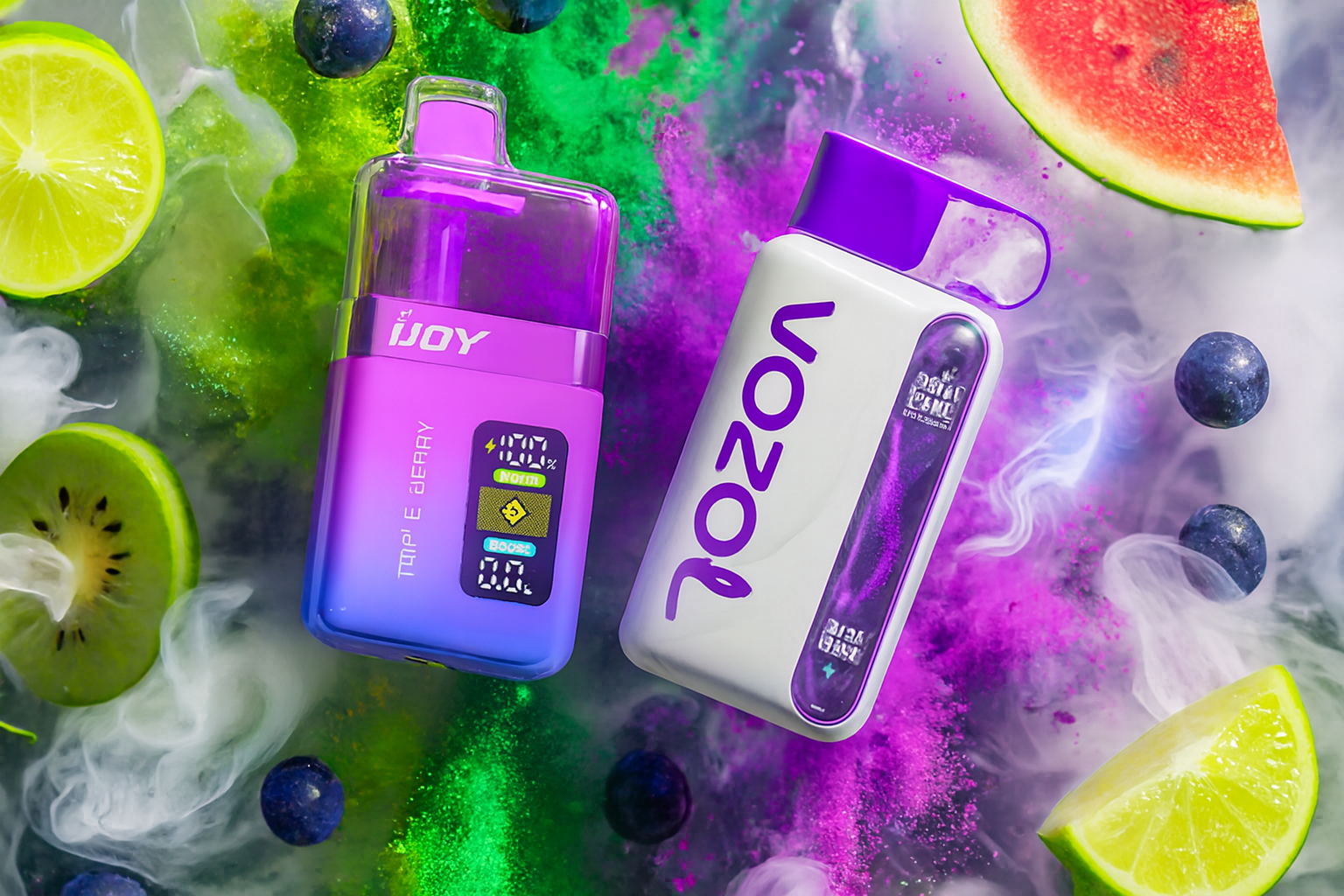 The image features two colorful vape devices surrounded by vibrant fruit slices, smoke effects, and a dynamic background. The left device transitions from purple to blue and is labeled 