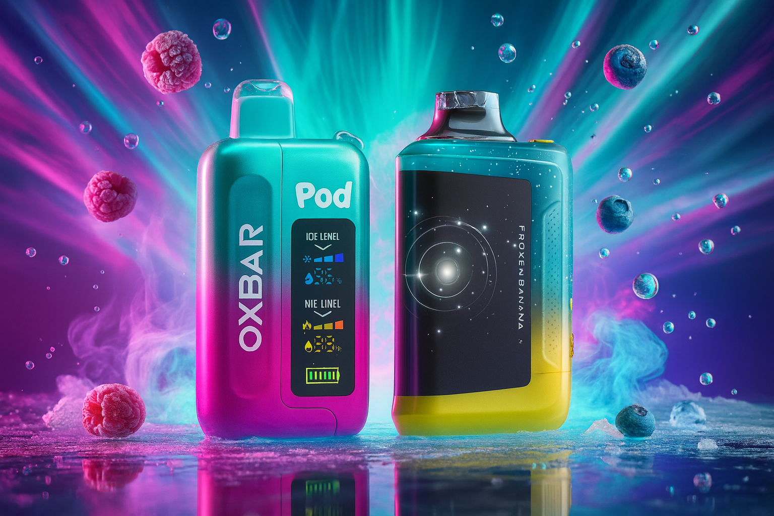 The image features two colorful vape devices placed on a frosty surface against a cosmic-themed background filled with floating droplets and frozen berries. The left device is labeled 