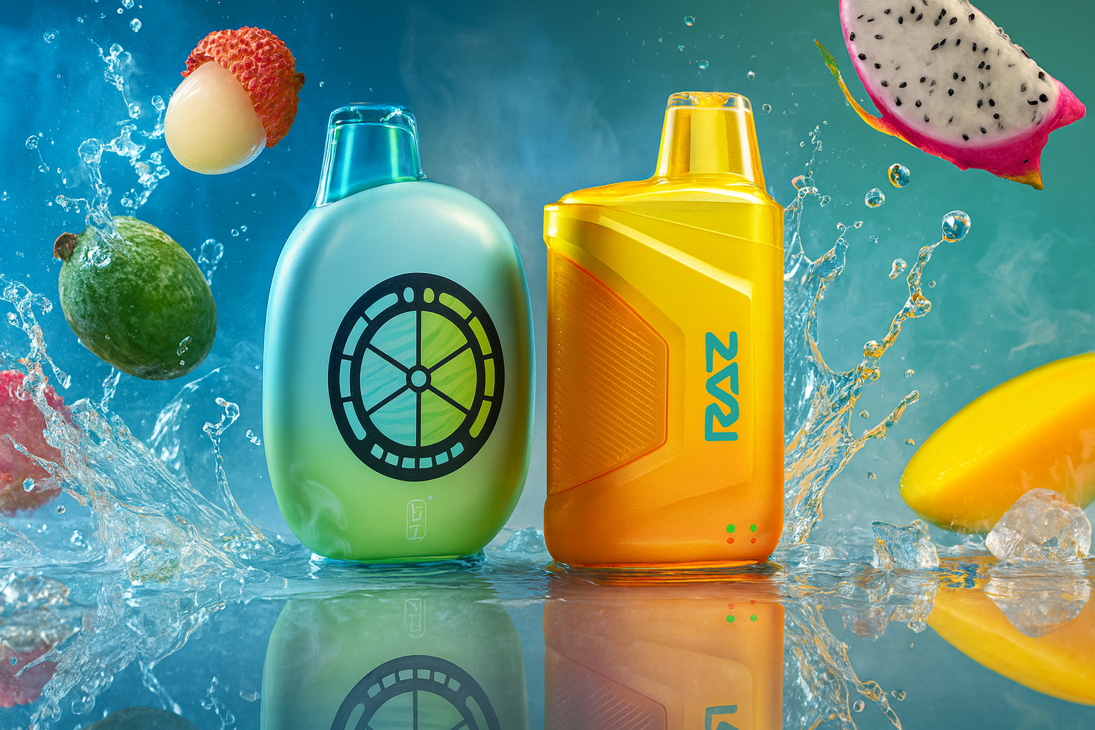 The image features two colorful vape devices placed side by side on a wet surface, surrounded by splashing water and vibrant fruits like lychee, guava, dragon fruit, and mango. The left device is green with a circular citrus-slice design, while the right device is orange with the brand name 