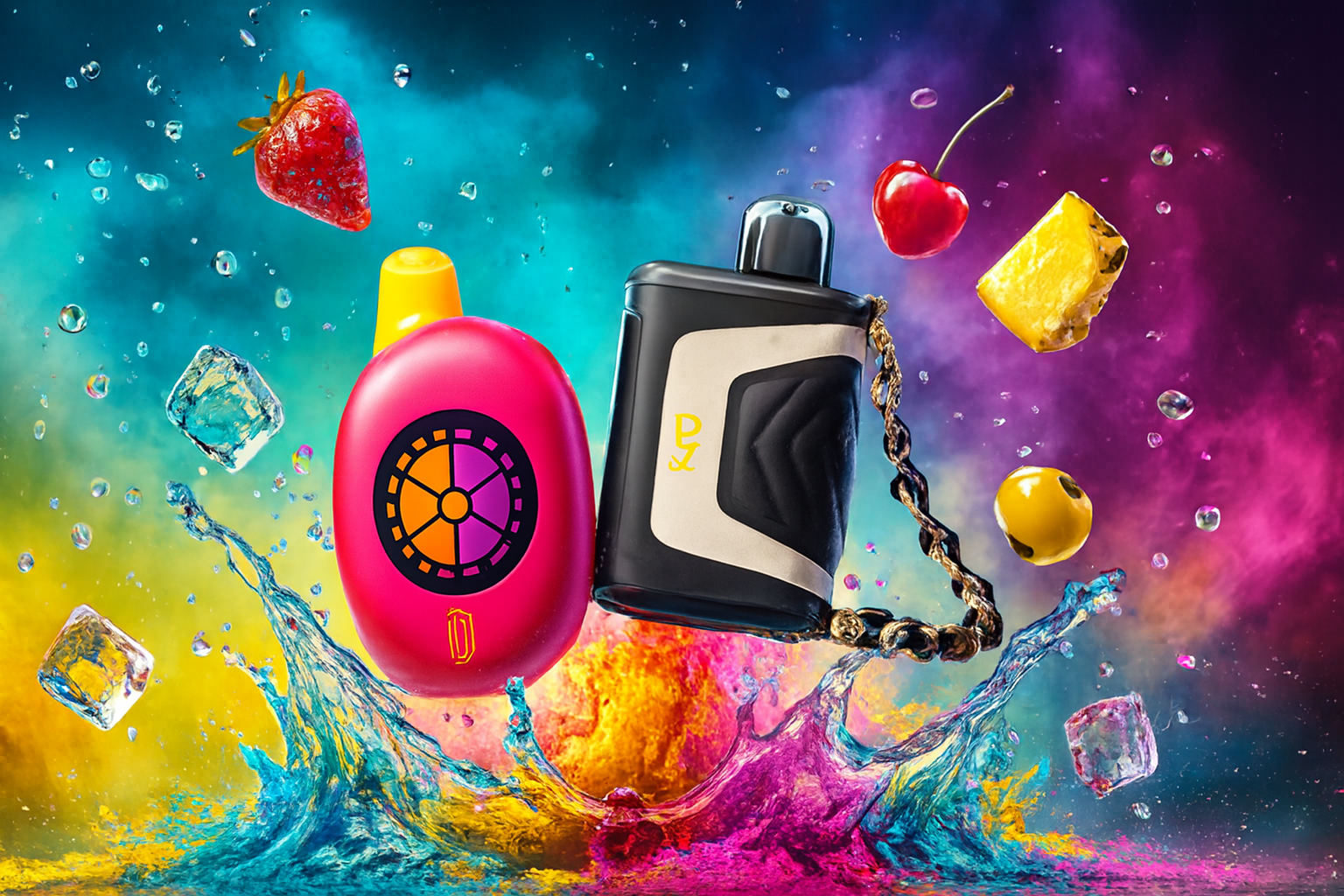 The image showcases two vibrant vape devices suspended in a dynamic splash of multicolored liquid, surrounded by flying fruit and ice cubes. On the left, a bold pink and orange pod-shaped vape features a circular graphic reminiscent of a flavor wheel, while the right device is sleek and black with a metallic chain and modern design accents. The background bursts with electric hues of blue, yellow, and magenta, amplifying the sense of freshness and energy. Floating elements like strawberry, cherry, pineapple, and passionfruit suggest a rich, fruity flavor profile, creating a visually explosive and sensory-charged scene.