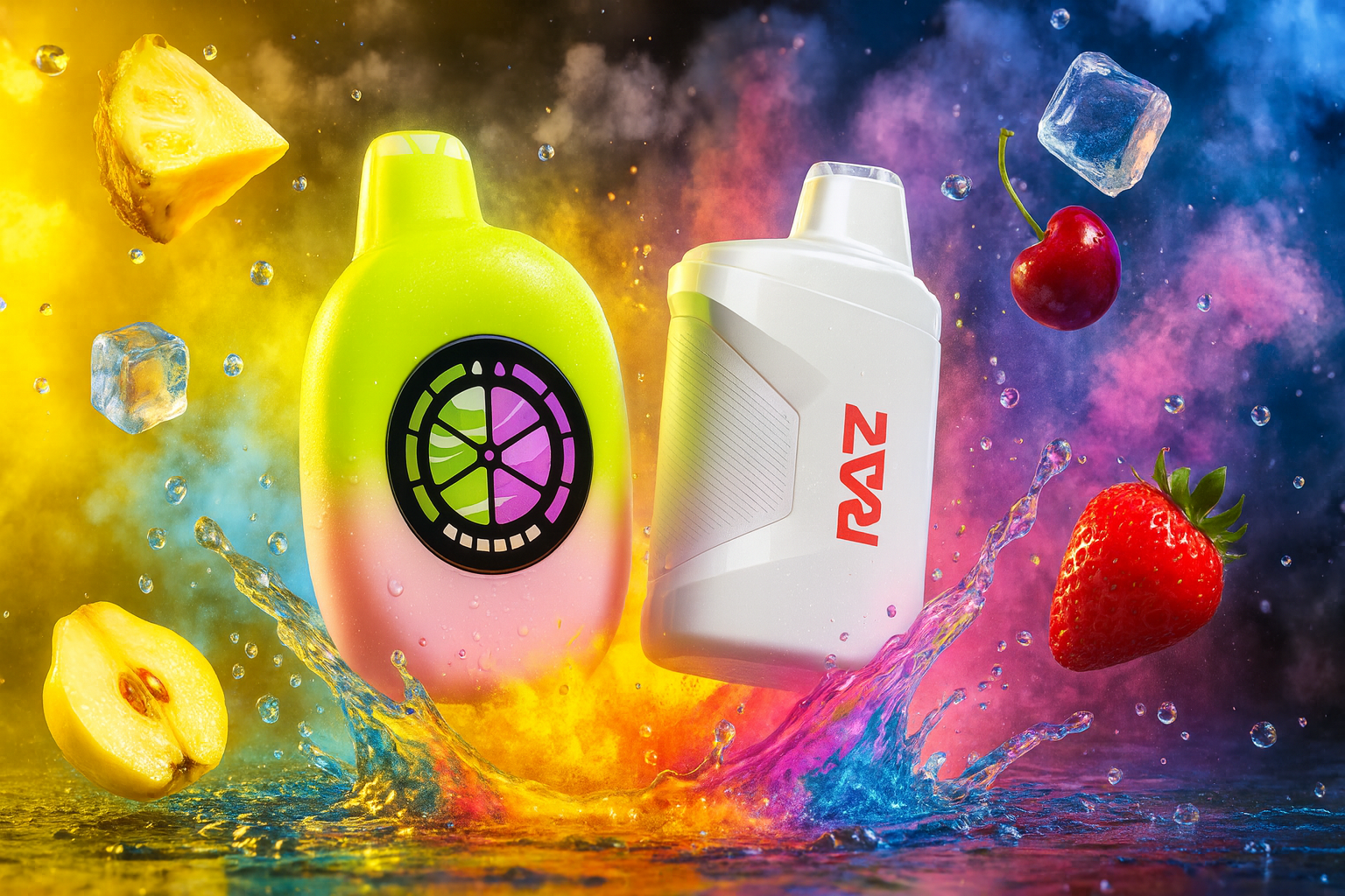 The image showcases two vibrant vape devices splashing into water against a dramatic, multicolored background. One device is lime green and pink with a stylized citrus slice emblem, while the other is sleek white with the bold red 