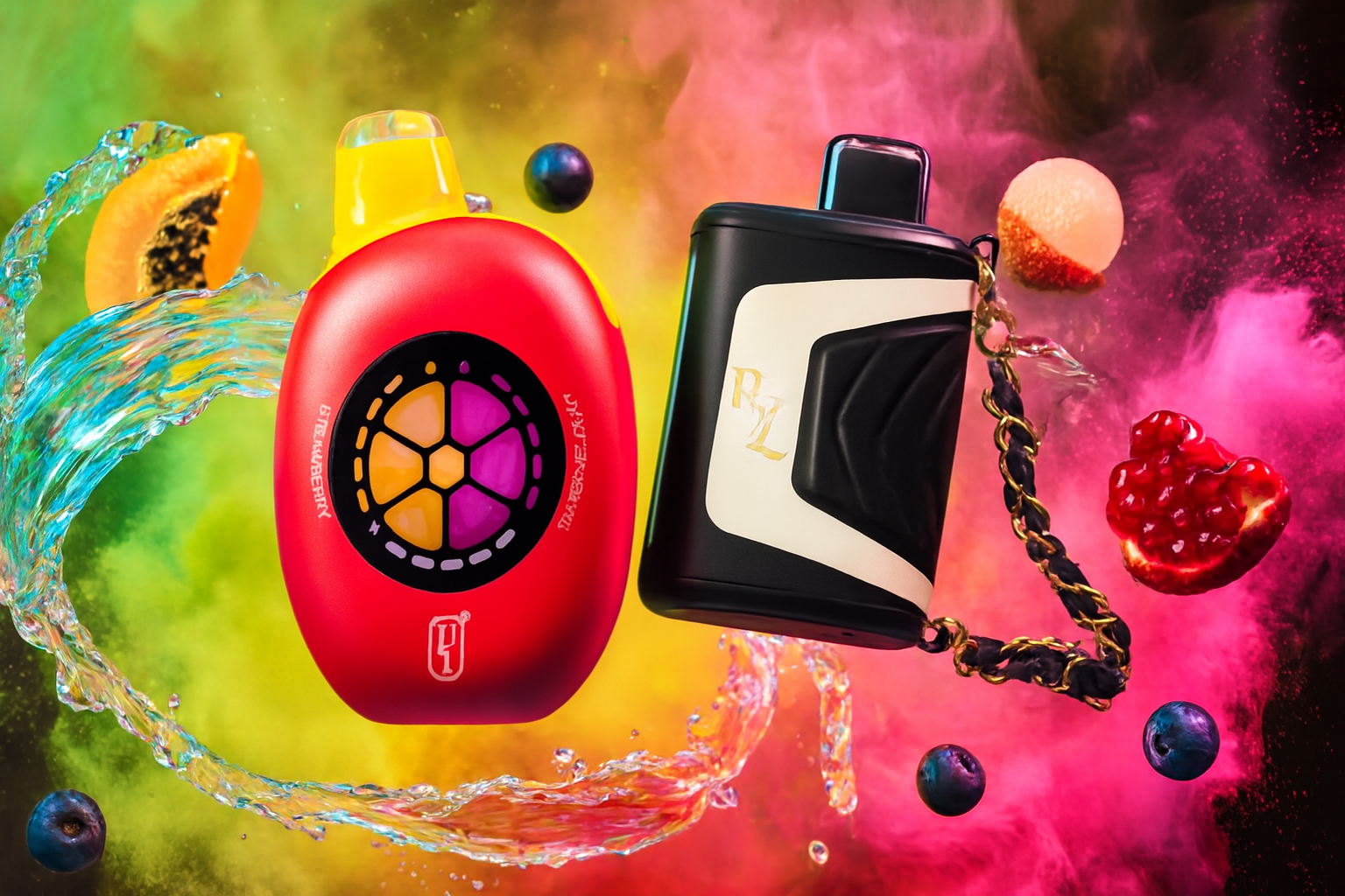 The image showcases two vibrant vape devices set against a dynamic, multicolored background bursting with splashes of water and fresh fruits like papaya, lychee, pomegranate, and blueberries. On the left, a red vape device features a circular emblem with hexagonal segments in warm tones and the words “STRAWBERRY” and “IMAGINE.FLAVIC.” On the right, a sleek black-and-white device with a gold “RZ” logo and a chain adds a bold contrast. The composition blends technology and nature, evoking freshness, flavor, and energetic lifestyle branding.