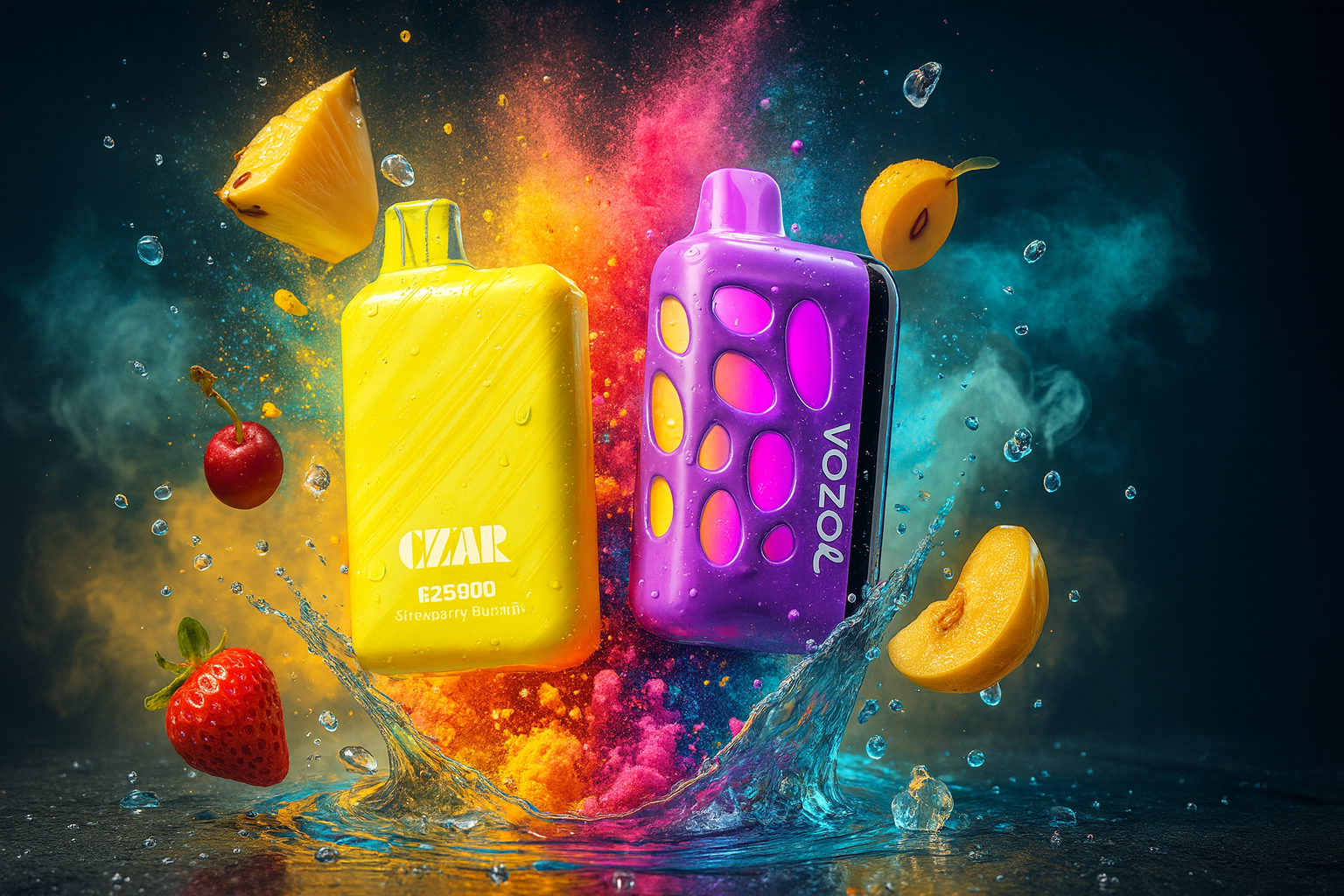 The image showcases two vibrant vape devices surrounded by a dynamic splash of water, colorful powder bursts, and an array of fresh fruits. On the left, a bright yellow device labeled 