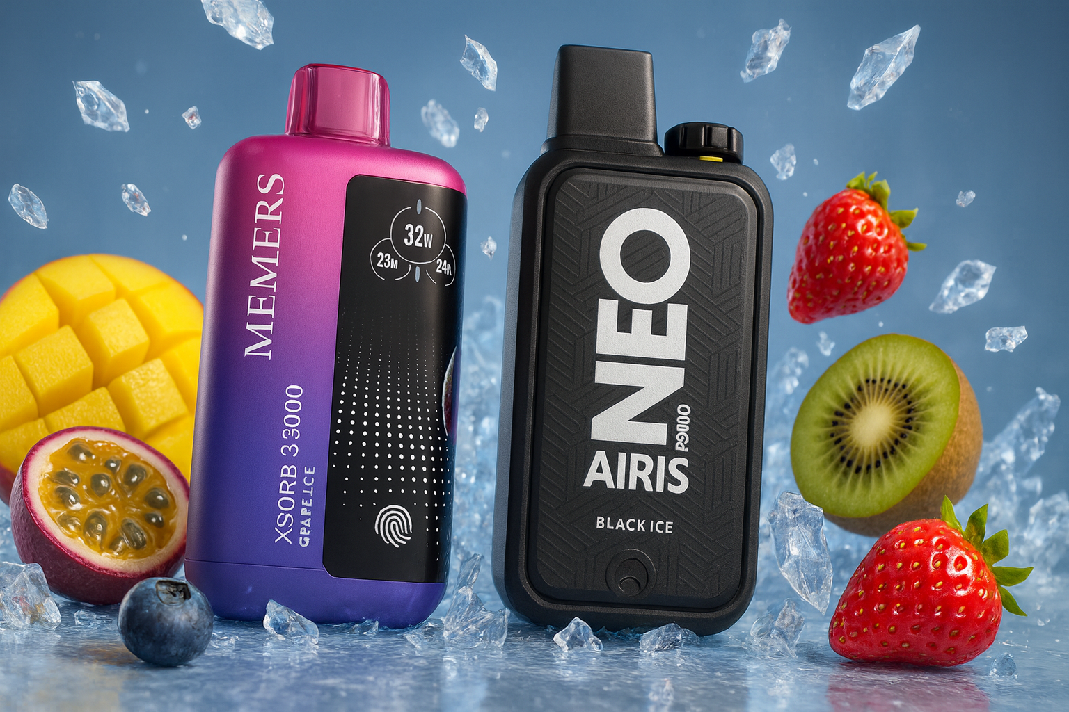 The image displays two stylish vape devices surrounded by an assortment of fruits and ice cubes, emphasizing a refreshing and flavorful experience. The left device, labeled 