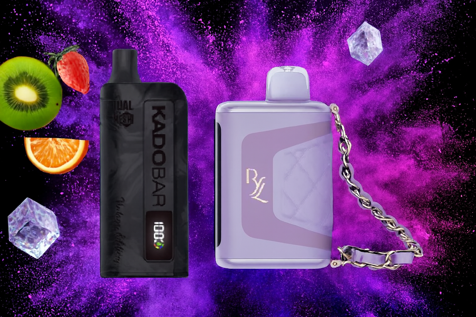 The image displays two vape devices set against a vibrant purple and black background with colorful splashes and fruit accents. The left device, labeled “KADOBAR,” is black with a digital display showing “1000” and a small icon, along with the faint text “Vapor Edition.” The right device is light purple with a decorative gold chain and the stylized letters “RYL.” Surrounding them are kiwi, strawberry, and orange slices, plus ice cubes, creating a cool, fruity atmosphere that highlights the stylish and flavorful appeal of the products.
