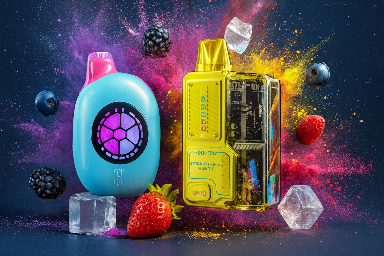 The image showcases two vibrant vape devices set against a dramatic explosion of colorful powder and fresh berries. One device is sleek and turquoise with a glowing, geometric light display, while the other is bold and yellow with a futuristic, transparent design. Surrounding them are strawberries, blueberries, blackberries, and ice cubes, all suspended in mid-air, creating a dynamic and refreshing visual that evokes intense flavor and icy energy.