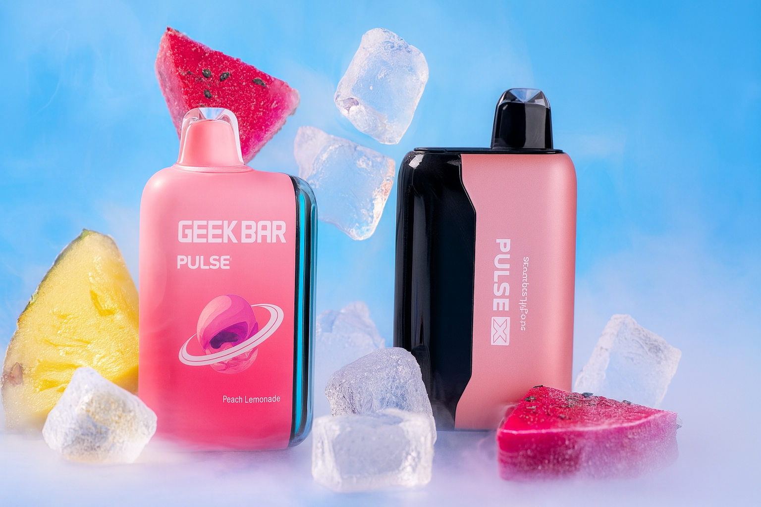 The image features two vibrant vape devices set against a cool blue background with ice cubes and slices of watermelon and pineapple. The left device, labeled 