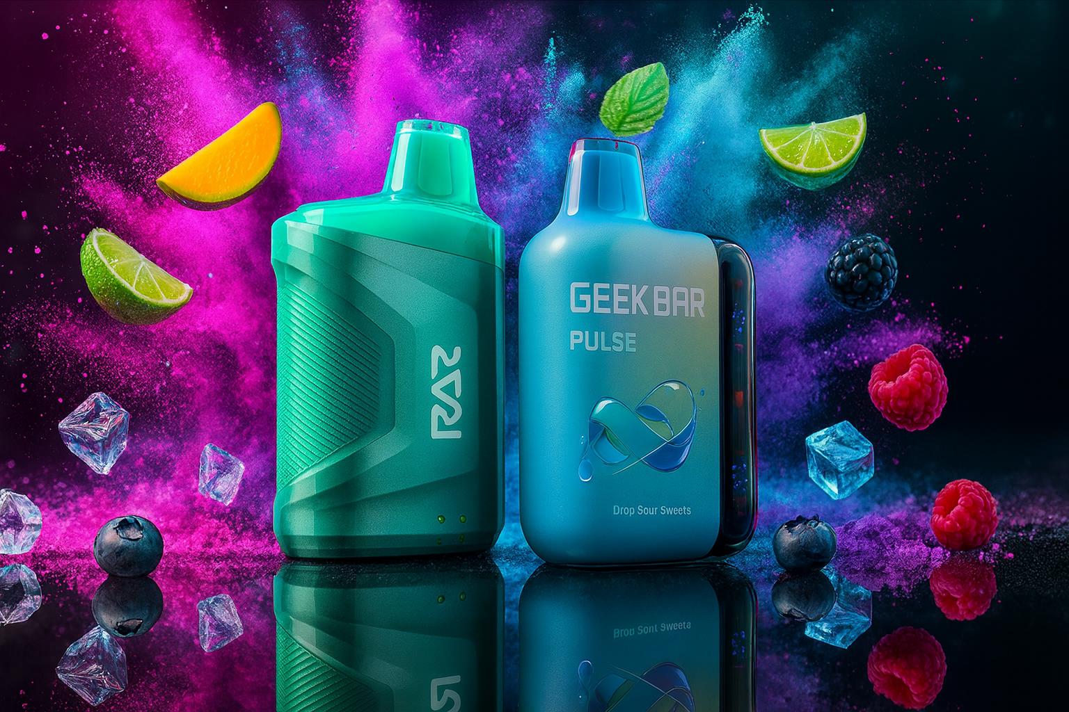 The image showcases two vibrant vape devices—one green labeled 
