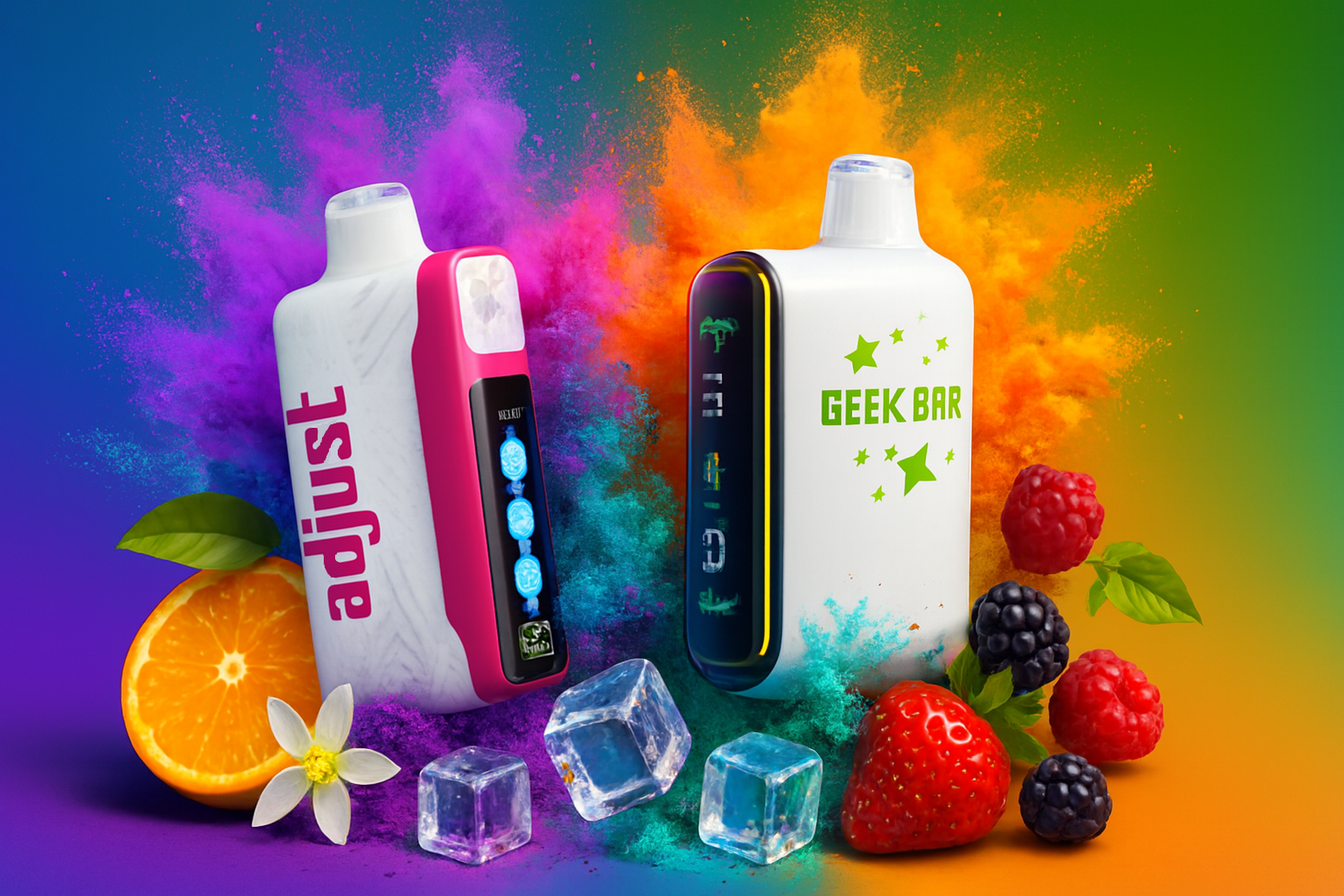 The image showcases two vibrant vape devices set against a dynamic, multicolored background with bursts of powder. One device, labeled 