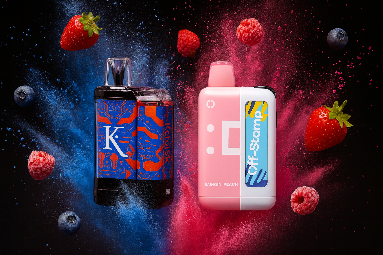 Two vibrant vape devices are set against a dynamic backdrop of swirling blue and pink powder bursts, surrounded by floating strawberries, raspberries, and blueberries that highlight their fruity flavors. On the left, a bold blue-and-red device features circuit-like patterns with the letter “K” and the text “Kehai SX,” giving it a futuristic, tech-inspired look. On the right, a sleek pink-and-white vape labeled “Off-Stamp” showcases the flavor “BAINGIN PEACH,” adding a playful and refreshing touch. The energetic composition, vivid colors, and fruit imagery create a striking, flavor-driven scene that feels both modern and promotional.