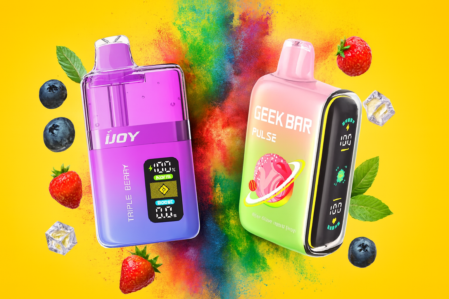 The photo showcases two colorful vape devices displayed against a vibrant yellow background with splashes of multicolored powder, creating a lively and energetic atmosphere. On the left, a device labeled “IJOY” and “TRIPLE BERRY” features a digital display showing battery and mode indicators such as “100%,” “Norm,” “Boost,” and “0.0s,” emphasizing its modern functionality. On the right, a device marked “GEEK BAR PULSE” carries a playful graphic of a pink planet with rings and a digital display showing battery levels and icons. Surrounding the devices are strawberries, blueberries, mint leaves, and ice cubes, visually suggesting refreshing, fruity flavor profiles. The composition blends bold design with sensory appeal, making the scene striking and flavor-driven.