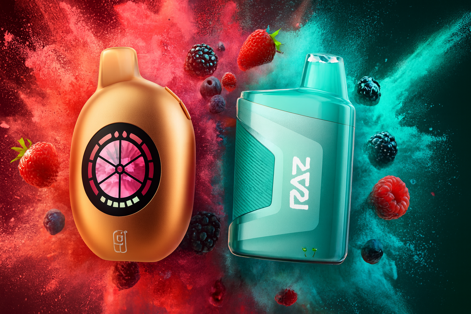 The image features two vibrant vape devices set against a dynamic backdrop of colorful powder and fresh berries. The left device, metallic orange with a circular fruit-slice design, contrasts with the right device in teal, illuminated with the brand name 