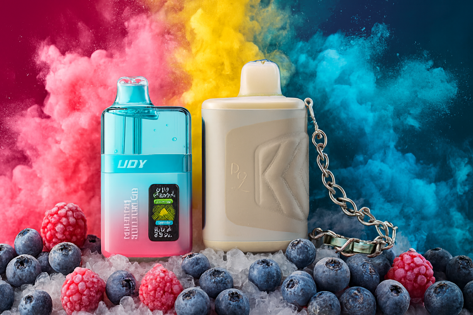 The photo displays two colorful vape devices resting on a bed of crushed ice, surrounded by fresh blueberries and raspberries for a cool, fruity atmosphere. The device on the left features a gradient of blue and pink with the brand name “UDY” and a digital display, giving it a sleek, modern look. The device on the right is beige with a textured design, marked “P9,” and includes a chain for added style. Behind them, vibrant clouds of pink, yellow, and blue smoke burst dramatically, creating a dynamic and eye-catching composition that contrasts natural fruit freshness with bold, contemporary product design.