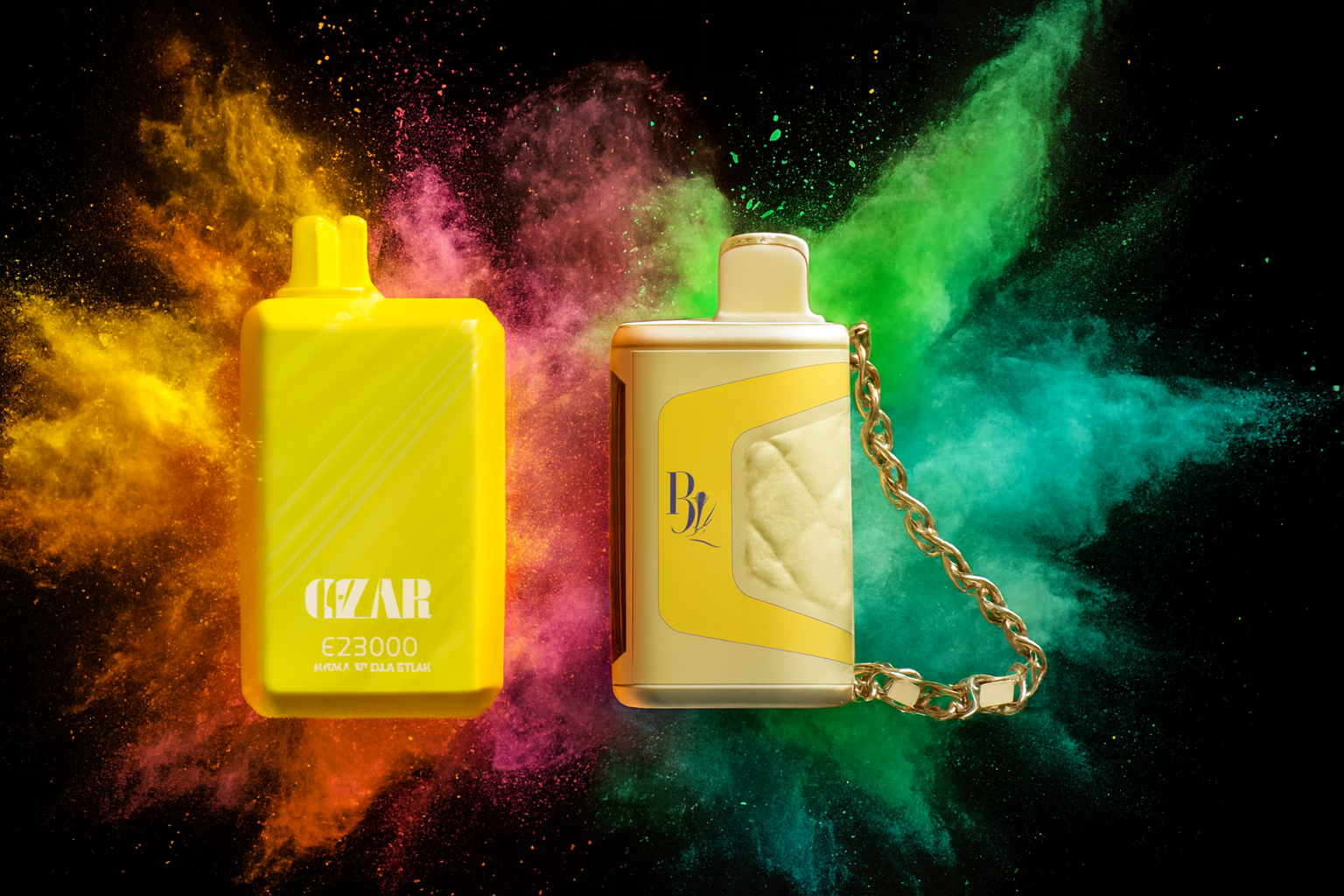 The photo features two striking vape devices set against a dramatic explosion of multicolored powder clouds. On the left, a bold yellow rectangular device stands out with the text “CZAR E23000” and “MAX 1.0 Ω DUAL SYSTEM” printed clearly on its surface, giving it a sleek, industrial look. To the right, a more ornate design catches the eye with quilted texture, golden accents, and a decorative chain, marked by the “B1” logo and a stylized leaf graphic. The vibrant background of orange, pink, green, and blue bursts amplifies the energy of the scene, creating a dynamic, promotional-style composition that emphasizes both contrast and visual impact.