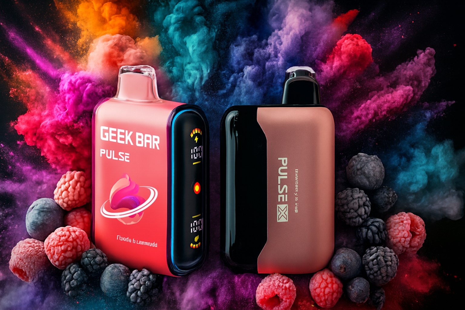 The image showcases two vibrant vape devices surrounded by a burst of multicolored smoke and an assortment of berries, including raspberries, blueberries, and strawberries. The left device, labeled 