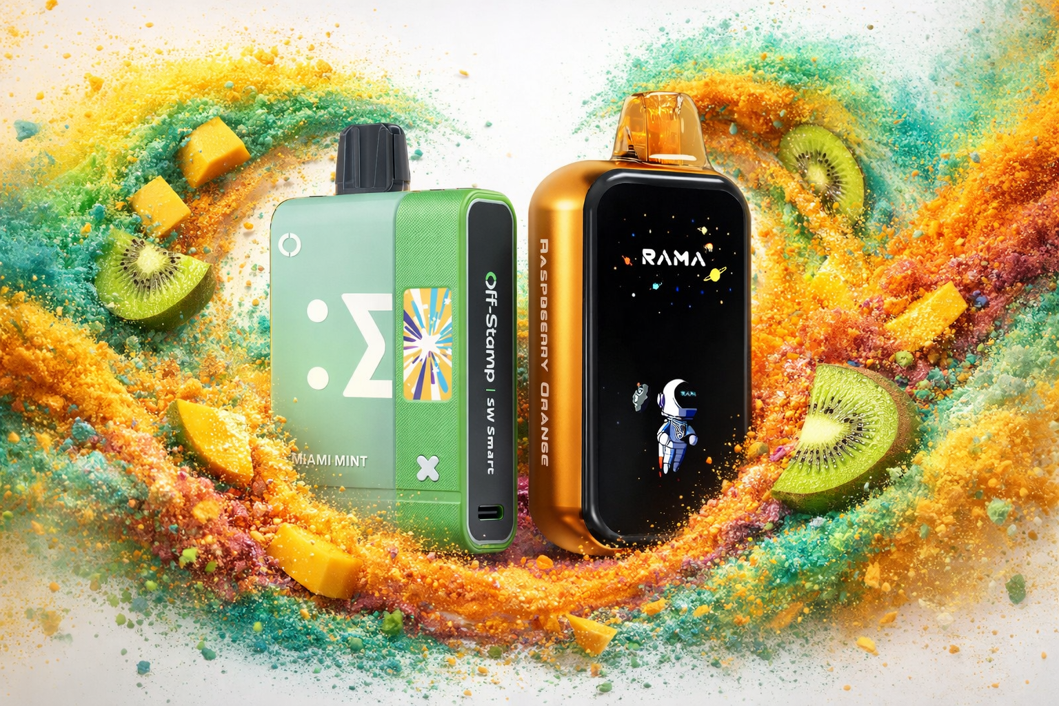 The photo shows two colorful vape devices set against a vibrant background of powdered pigments and fruit pieces. The green device is labeled “Off-Stamp SW Smart” with “MIAMI MINT,” while the orange and black one reads “RAMA” and “RASPBERRY ORANGE,” featuring an astronaut illustration. Kiwi slices, mango chunks, and swirling powders in orange, yellow, green, and blue create a dynamic, energetic atmosphere that highlights fruity flavors.