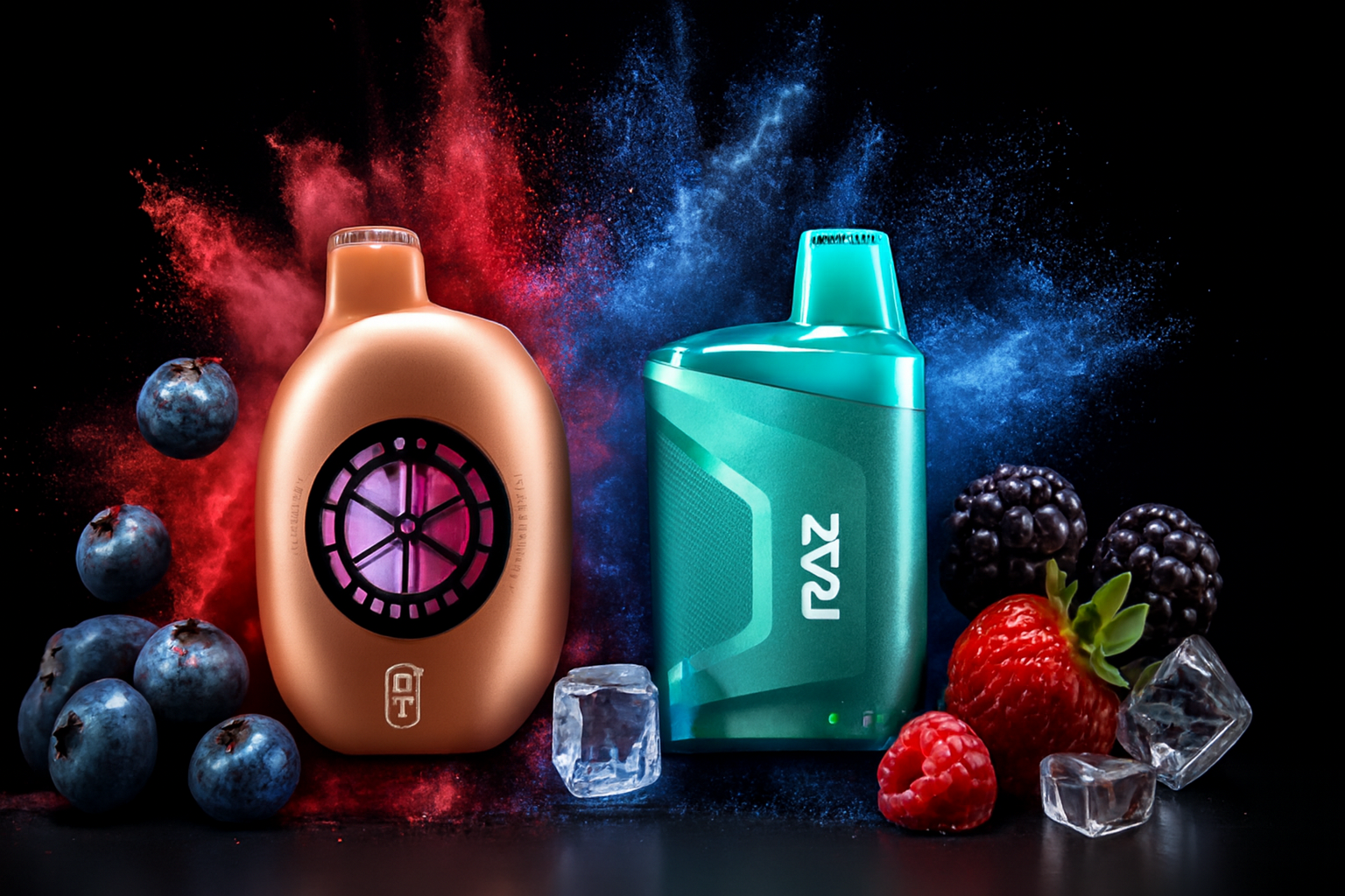 The image features two vape devices set against a dramatic burst of red and blue powder, surrounded by fresh fruits and ice cubes. The left device has a bronze finish with a glowing purple fan-like design at its center, while the right one is teal with the brand name 