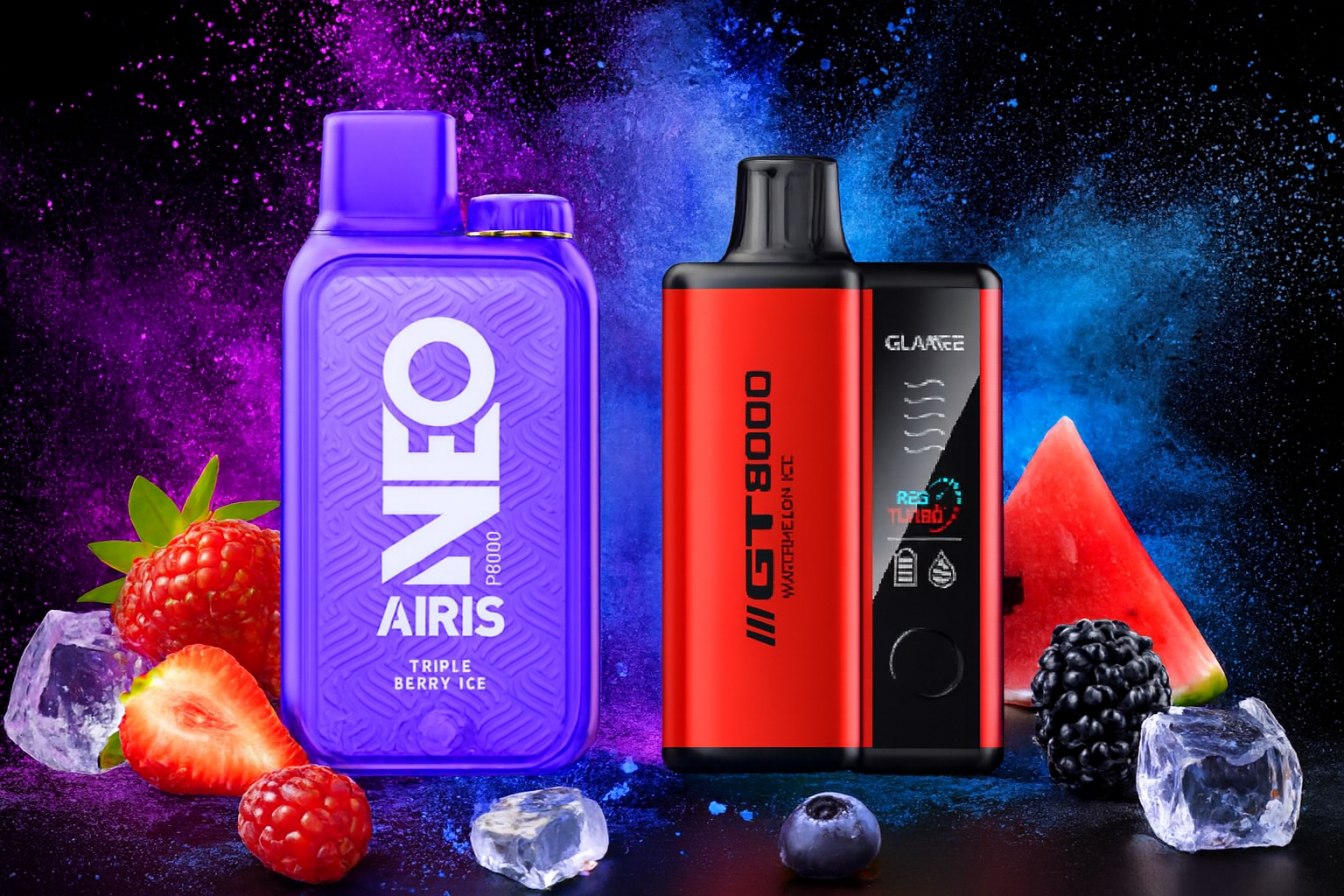 The image presents two vibrant vape devices against a dynamic backdrop of purple and blue powder clouds. The left device, labeled 