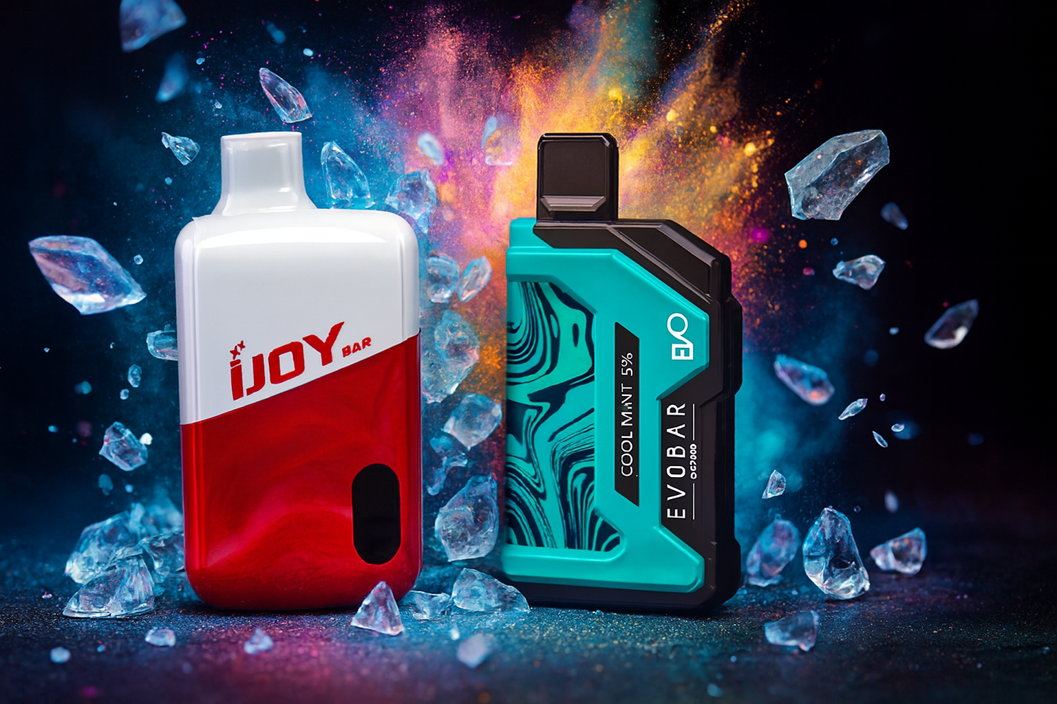 The photo shows two vape devices displayed against a vibrant, colorful background with icy crystal accents. On the left, a sleek red-and-white iJOY BAR stands out with its rounded design, while on the right, the EVOBAR QP7000 features a turquoise and black marbled pattern and highlights the flavor “COOL MINT 5%.” The dynamic bursts of blue, orange, and pink in the background, combined with scattered ice elements, create a striking and refreshing visual that emphasizes the bold design and cool flavor appeal of the products.