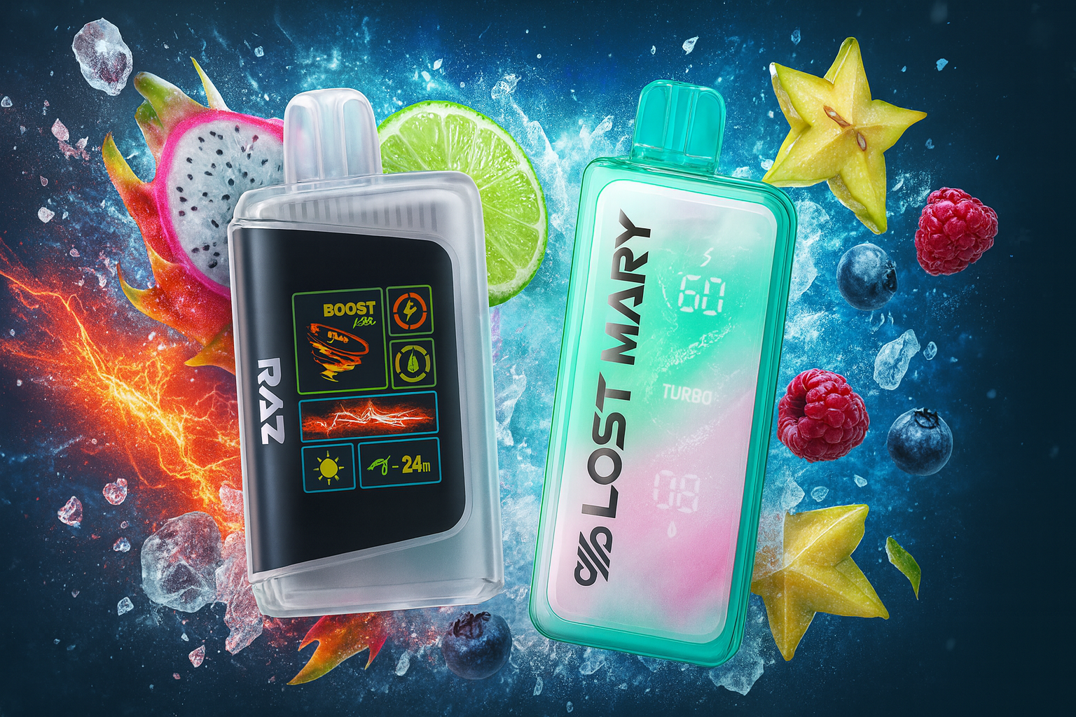The image features two vibrant vape devices surrounded by a mix of exotic fruits and ice shards, set against a dark background with teal smoke. The left device, labeled 
