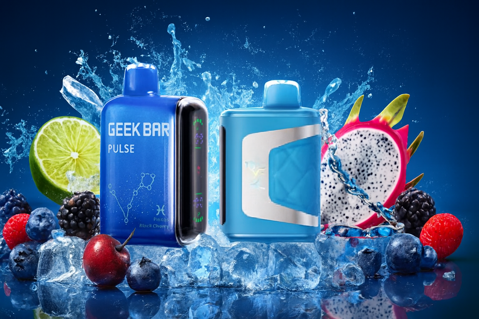 The image displays two vibrant vape devices surrounded by a splash of fruits, ice cubes, and water. The left device, labeled 