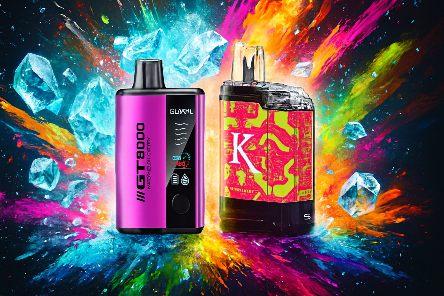 The image showcases two eye-catching vape devices set against a dynamic backdrop of colorful splashes and floating ice cubes. On the left, the 