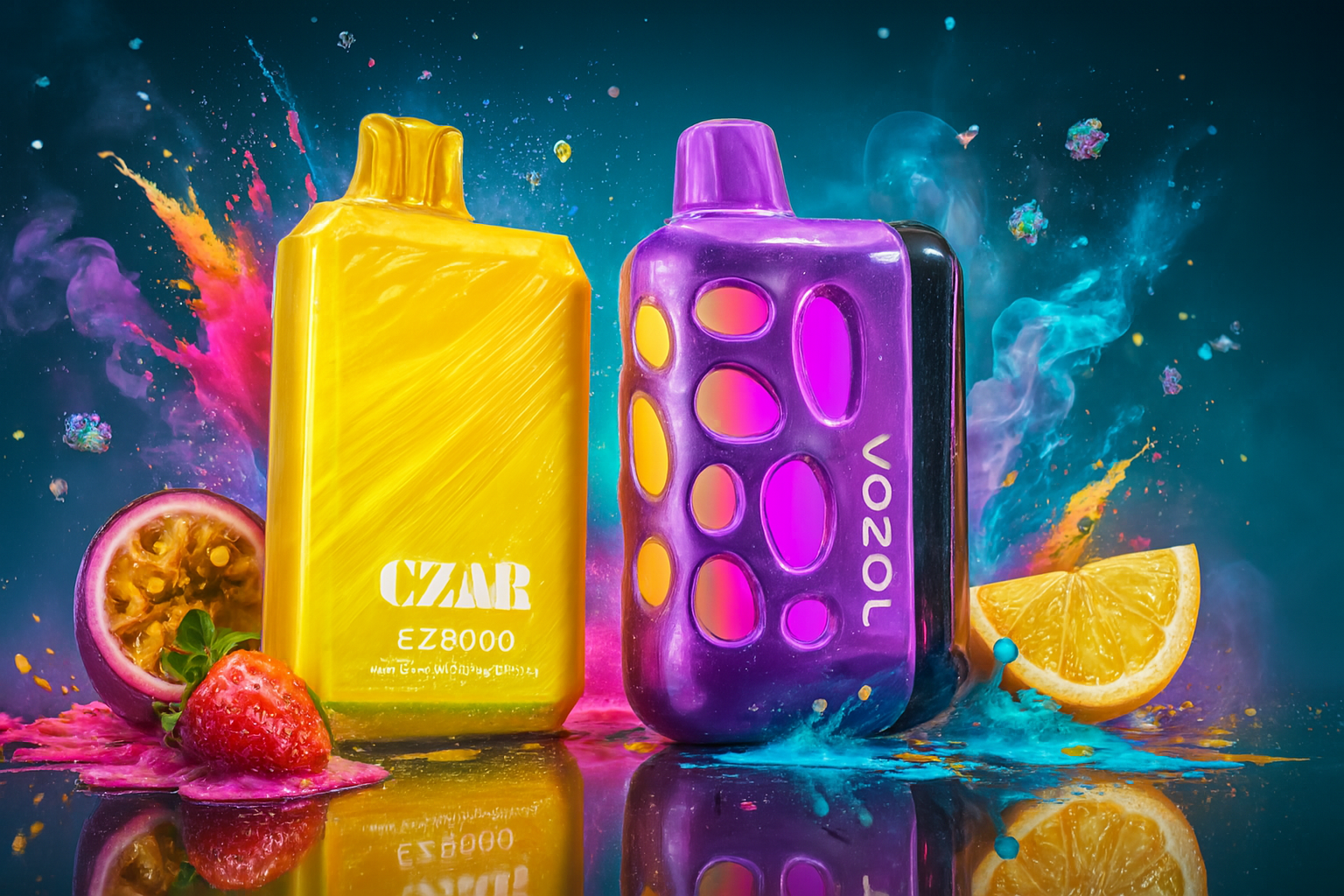 The image features two brightly colored vape devices set against a vivid, splash-filled background that bursts with energy and flavor. On the left, the yellow “CZAR EZ8000” device is labeled with a trio of fruity flavors—“Mixed Berries, Watermelon, Orange”—suggesting a bold, tropical blend. On the right, the purple “VOZOL” device with pink oval accents adds a sleek, playful contrast. Surrounding them are dynamic splashes of colored powder and fresh fruits including a halved passion fruit, a strawberry, and a slice of orange, creating a visually striking composition that fuses modern design with sensory indulgence.