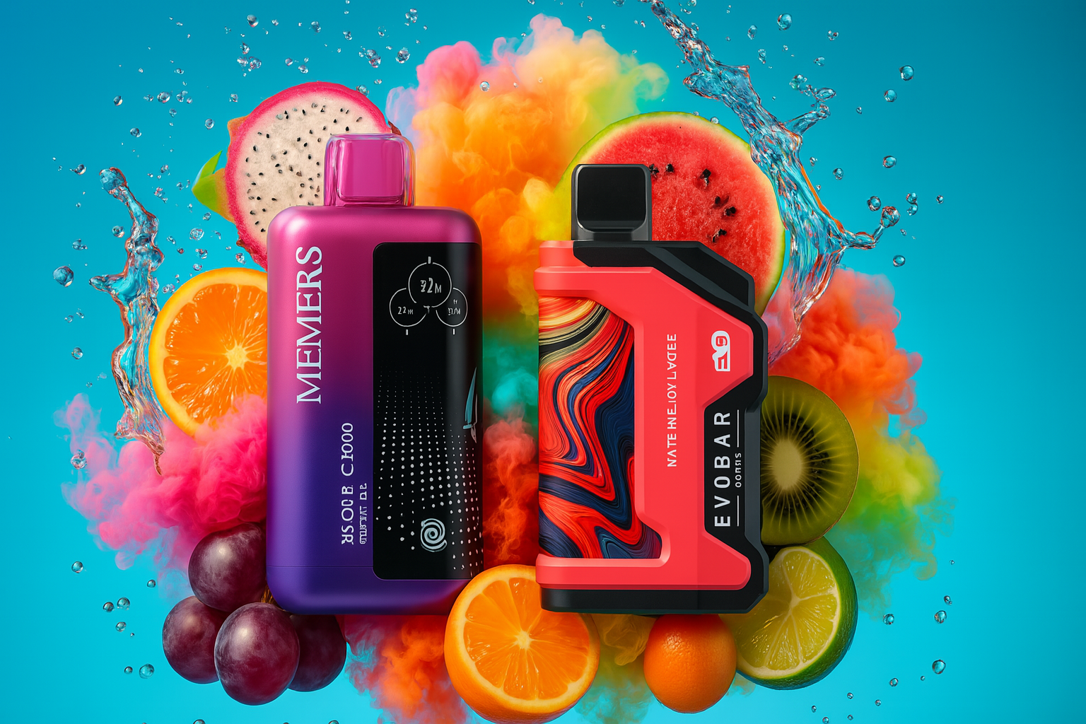 The image showcases two vibrant vape devices set against a bright blue background filled with splashes of water and colorful vapor clouds. On the left, the purple “MEMERS” device features bold text like “3500 Puffs,” “5% Nicotine 6000,” and a circular icon indicating “22mL,” suggesting high capacity and strong flavor delivery. On the right, the red-and-black “EVOBAR” device is labeled “MTL RELOAD V2 ICE” with a small bottle icon and “6000 Puffs,” emphasizing its icy, refreshing profile. Surrounding the devices are tropical fruits including dragon fruit, watermelon, kiwi, orange, grapes, and lime, creating a dynamic and flavor-rich composition that blends sleek design with sensory indulgence.