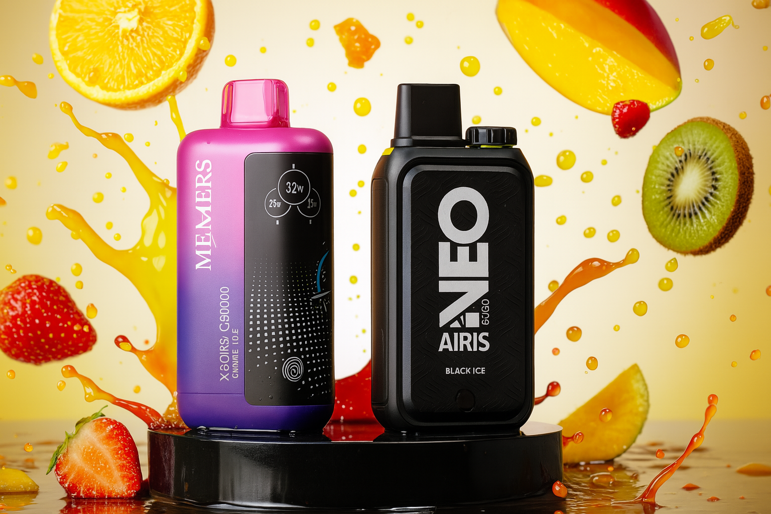 The image showcases two vibrant vape devices displayed on a sleek black circular platform, set against a dynamic background bursting with splashes of fruit juice and fresh slices of strawberry, kiwi, orange, and mango. The left device, in a gradient of purple and pink, is branded 
