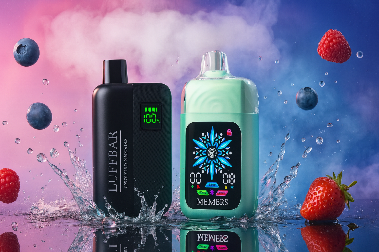 The image features two vape devices standing upright on a reflective surface, surrounded by splashes of water and floating berries including blueberries, raspberries, and a strawberry. The left device is sleek black, labeled 