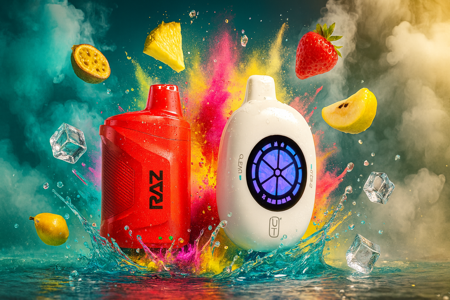 The image showcases two vibrant vape devices set against a dynamic, splash-filled background with colorful smoke and fruit elements. The left device is red and labeled 