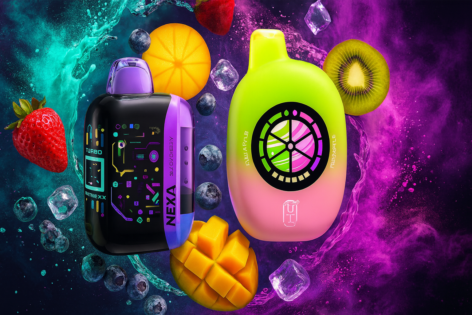 The image displays two vibrant vape devices surrounded by a swirl of colorful fruits and ice cubes, set against a dynamic, neon-infused background. The left device, in black and purple, features glowing circuit-like patterns and is labeled 